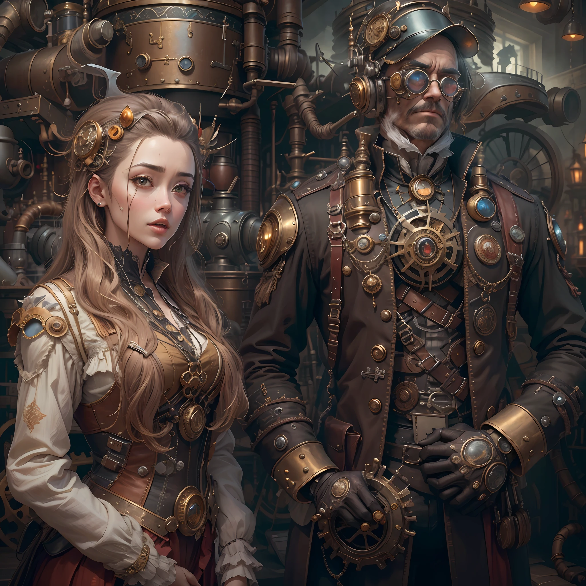 best qualtiy,tmasterpiece,超高分辨率,(realisticlying:1.4),absurderes,(1 couple standing in the manor,(Eye focus),sface focus, Clear facial features),(koh_amberheard:0.8),1 best long shot photo of Mechanical Airship Manor,Fantasy sci-fi vehicles,hyper realisitc,steampunc,Complex design,insanely details,finely detailled,Steampunk AI,