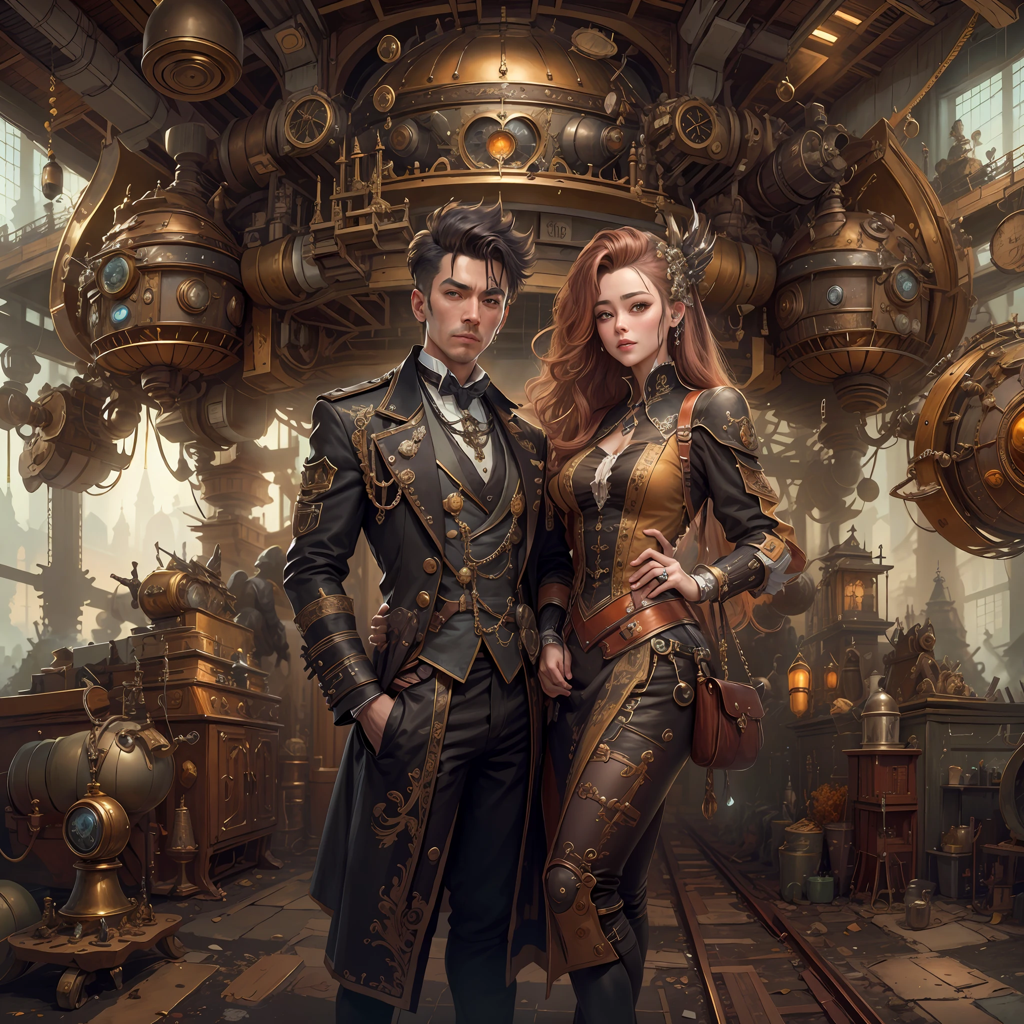 best qualtiy,tmasterpiece,超高分辨率,(realisticlying:1.4),absurderes,(1 couple standing in the manor,(Eye focus),sface focus, Clear facial features),(koh_amberheard:0.8),1 best long shot photo of Mechanical Airship Manor,Fantasy sci-fi vehicles,hyper realisitc,steampunc,Complex design,insanely details,finely detailled,Steampunk AI,
