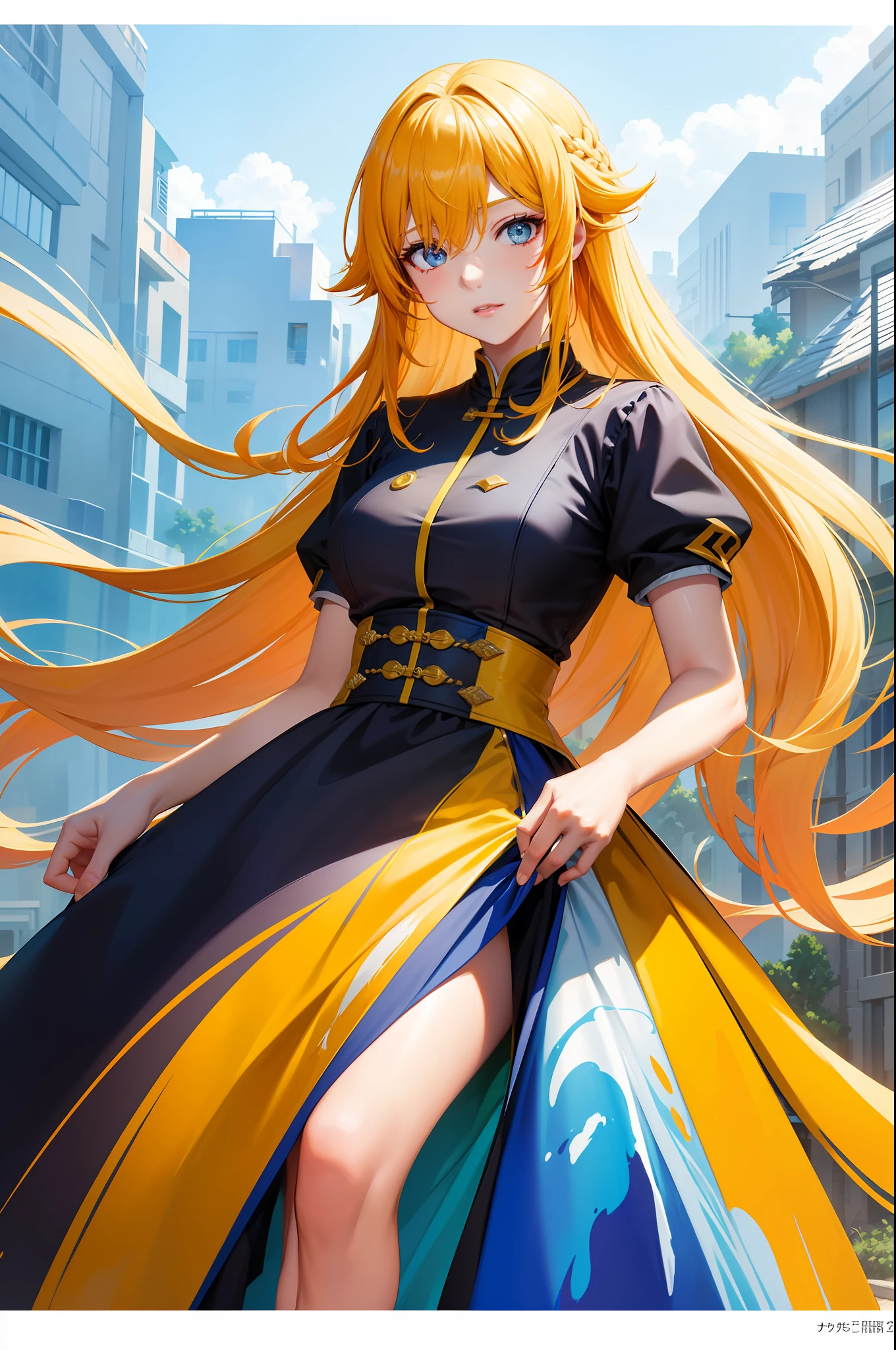 solo，Qiancheng Xue，full bodyesbian，A yellow-haired，(masterpiece,topquality,bestquality,officialart,beautifulandaesthetic:1.2),(1girl:1.3),long hair,extremedetailed,colorful,highestdetailed,(watercolourpainting:1.3),opticalmixing,playfulpatterns,livelytexture,richcolors,uniquevisualeffect，Original