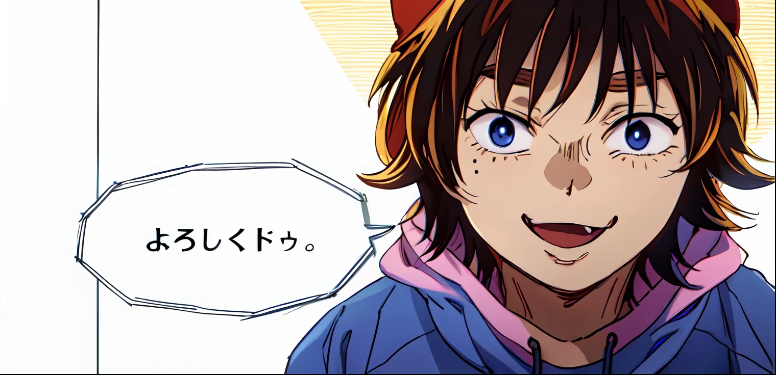 a anime of a boys manga, hoodie, nyandere, open mouth, text manga, color manga, manga color, color manga, color manga panel, simple background
