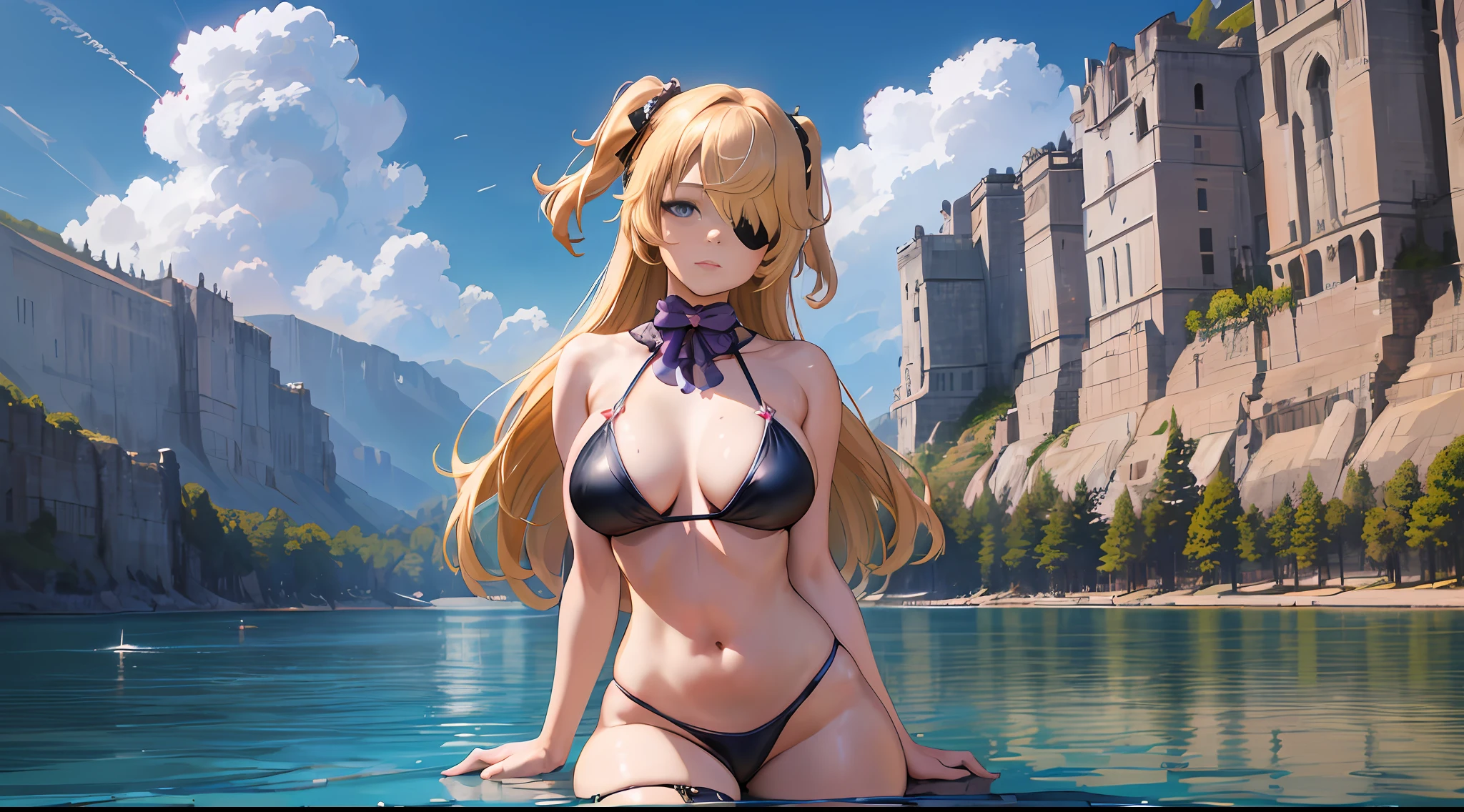 Barbara Genshin Impact, Whole body, (NSTDA.:1.2), (10, Best-Quality, Masterpiece: 1.4), Ultra High Definition, (Lifelike, Photorealistic: 1.48), (Look neatly through the bikini:1.11), 20 years old, cute girl, Nude, famous Japanese actress, breasts, swimsuit, beautiful, blue eyes, head tilted, cowboy shot, looking at the audience, emotionless, beautiful lake, Zeiss 150mm F/ 2.8 Hasselblad, in the valley, whole body, foot, ultra wide angle