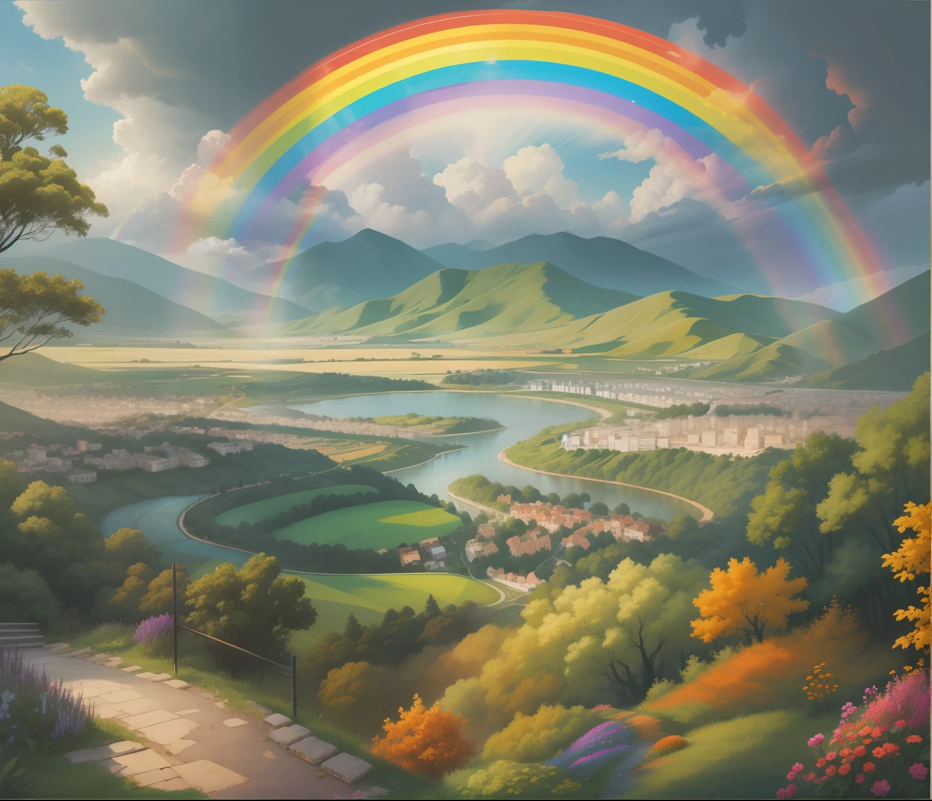 ((Best quality)), view from hill, rainbow