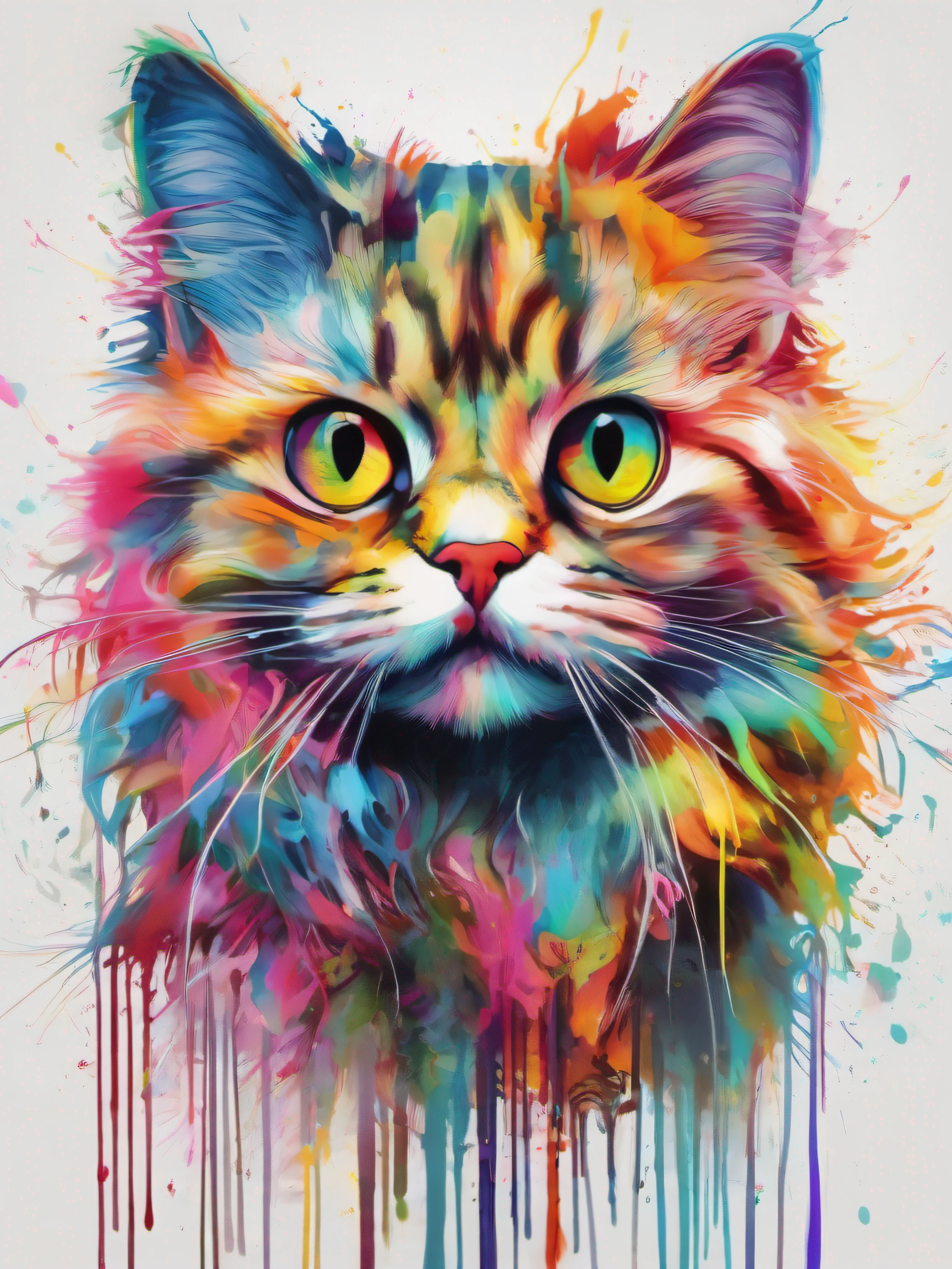 Draw a cat with colorful ink on its face, archan nair, painted in bright water colors, animal drawing, vibrant watercolor painting, painting of cute cat, Stunning artwork, Surrealism with bright colors, plethora of colors,detail-rich, lovely digital painting, Amazing, digital art animal photo, colorful art, art of alessandro pautasso, watercolor detailed art