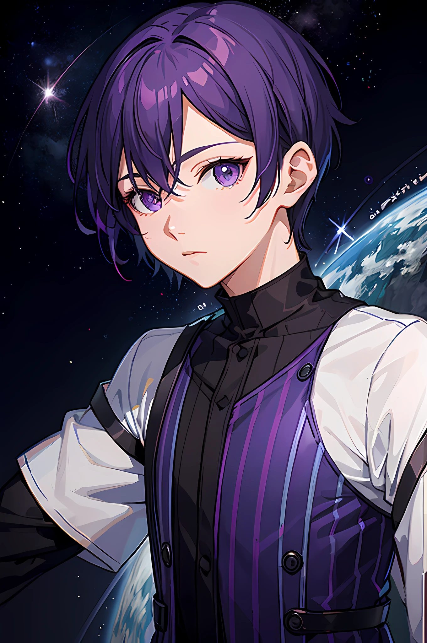 anime girl character with purple hair and black vest standing in front of a planet, portrait anime space cadet girl, akasuki voidstar, shigenori soejima illustration, anime moe artstyle, official art, beautiful androgynous prince, ryuta ueda artwork, hana yata, official character art, handsome prince, inspired by Bian Shoumin, rin