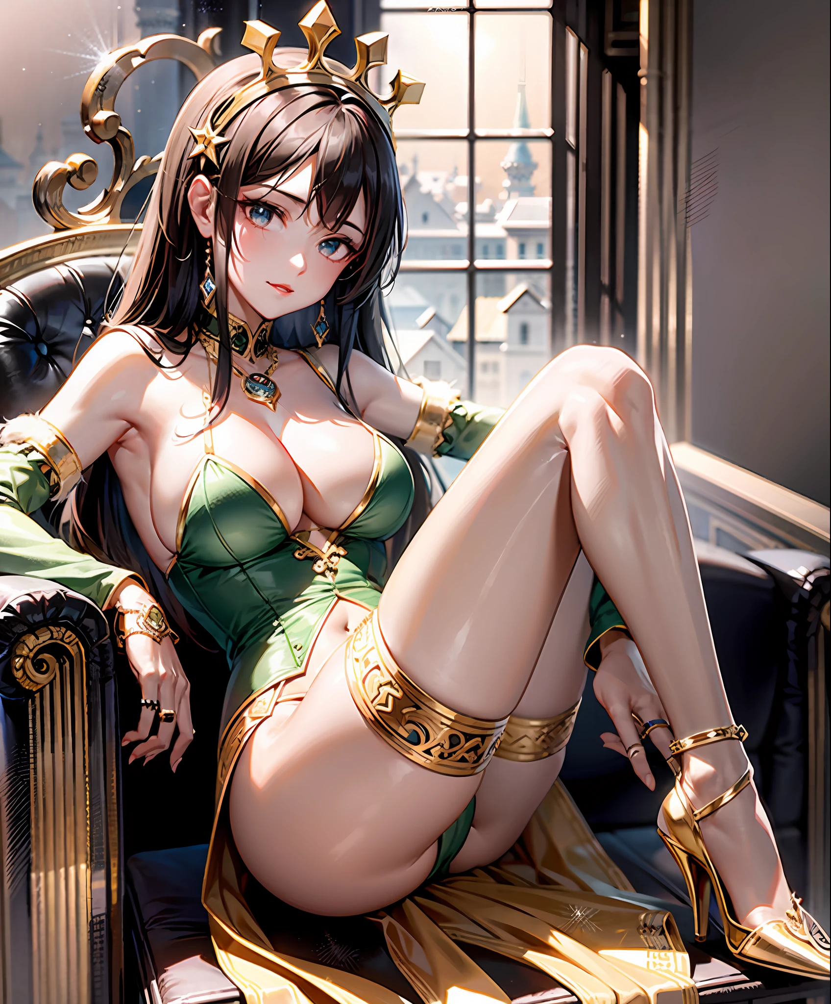 Arapefi, Green underwear, sitting on an royal throne,In the palace, wearing high heels,Look from the front,both hands on hip,next to a big window, Close up from behind, next to a window, In the castle, Sense of transparency,(oversized ,1.5),Expose cleav around and look at the camera,tmasterpiece,Flawless,Sense of transparency,Empty inspiration,More details and decoration,(Expose the whole body,1.8),Exposing thighs,,long leges,8K,(Wear decorations such as rings,1.9),White-colored skin,Ornate ornament,Waist stockings,one-girl,Dissection is correct