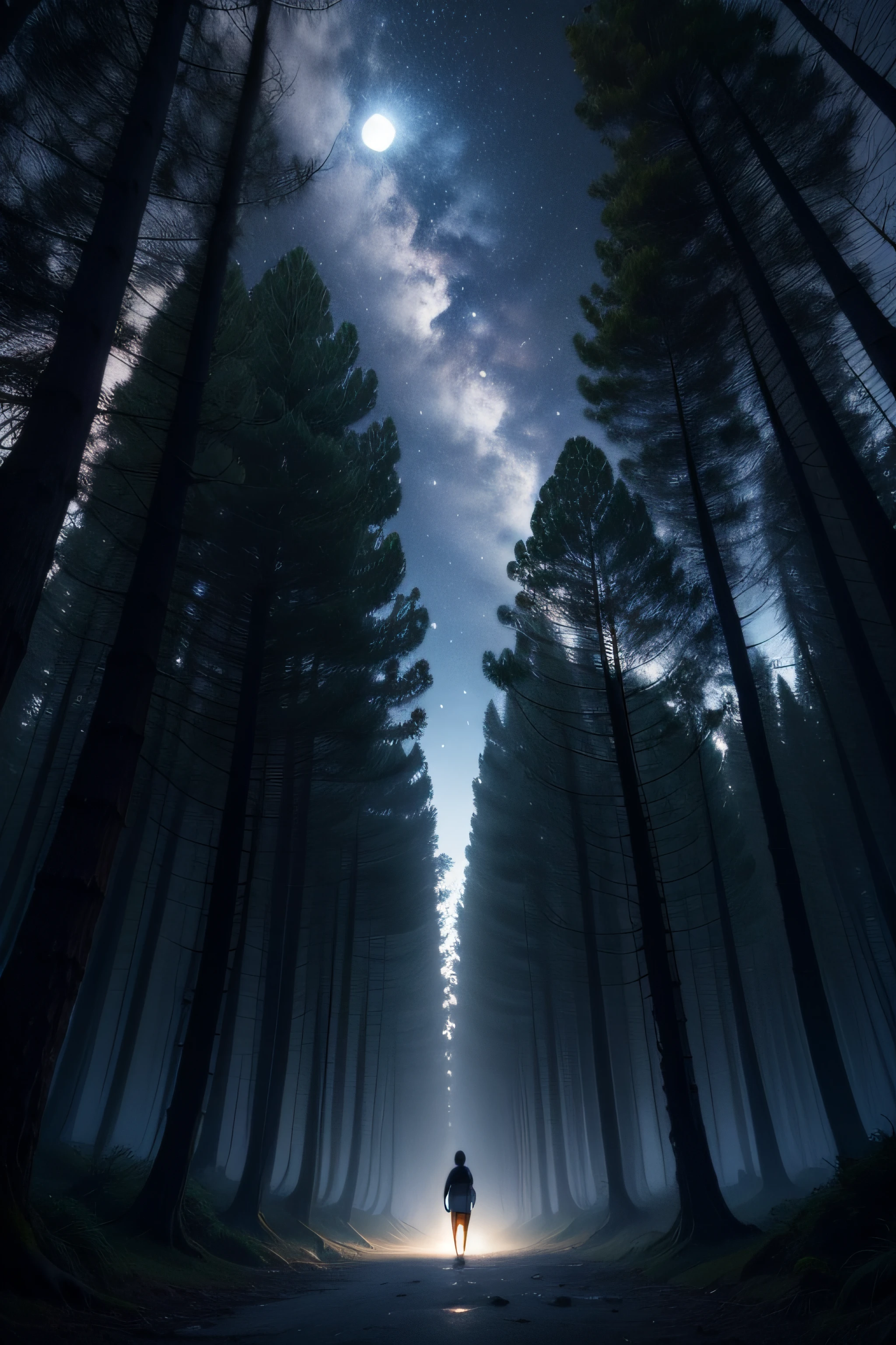 imagem em tons de azul, white and black from a forest setting, a noite, com uma super lua cheia