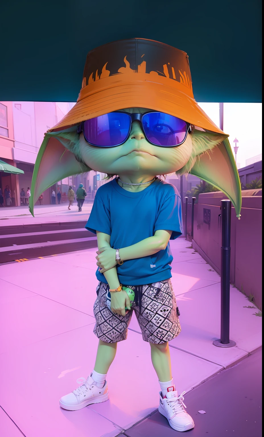 Baby yoda in street wear style, sunglass, bucket hat