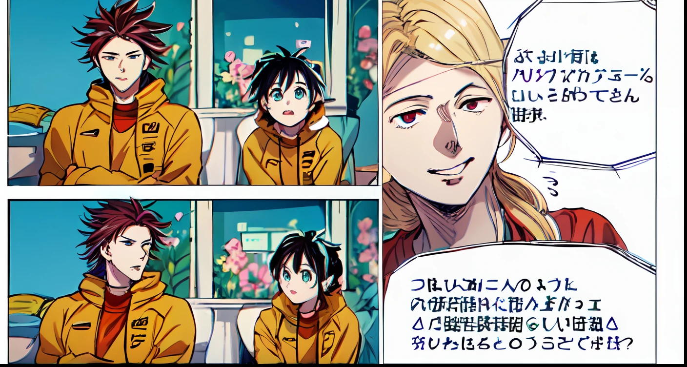 a anime of a boys girls manga, close up, text manga, color manga, manga color, color manga, color manga panel, simple background