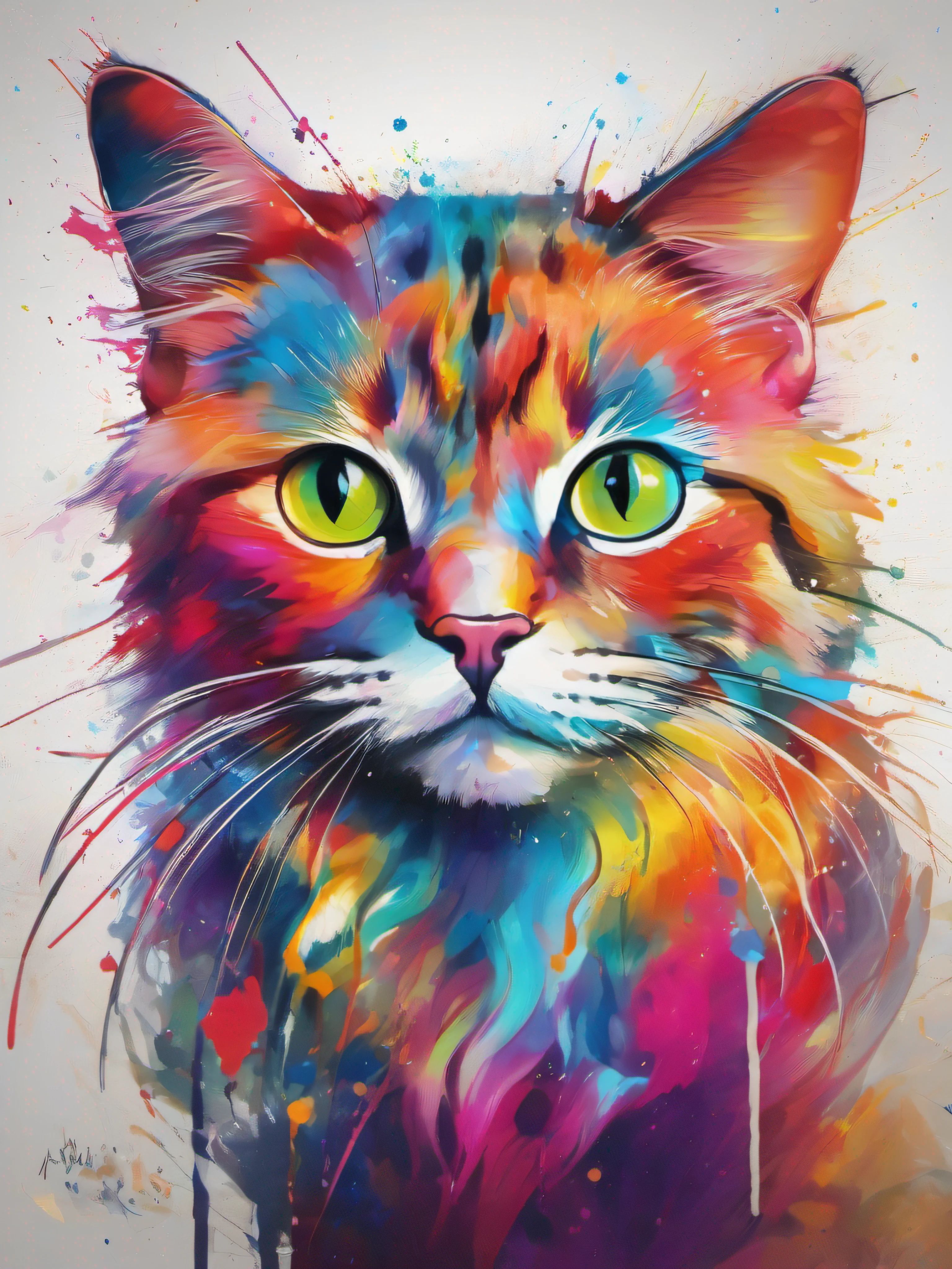 Draw a cat with colorful ink on its face, archan nair, painted in bright water colors, animal drawing, vibrant watercolor painting, painting of cute cat, Stunning artwork, Surrealism with bright colors, plethora of colors，detail-rich, lovely digital painting, Amazing, digital art animal photo, colorful art, art of alessandro pautasso, watercolor detailed art