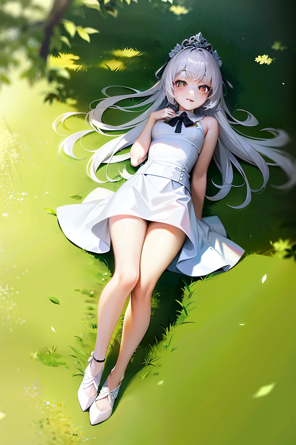 High picture quality,Works of masters,White color hair,little breast,Golden eyes,light make-up,Cute girls,Realiy,ssmile,Look to the lens,Full body like,Less clothes,Real Human,lying on the grass ground,short skirt,diadems,A happy expression,Delicate face