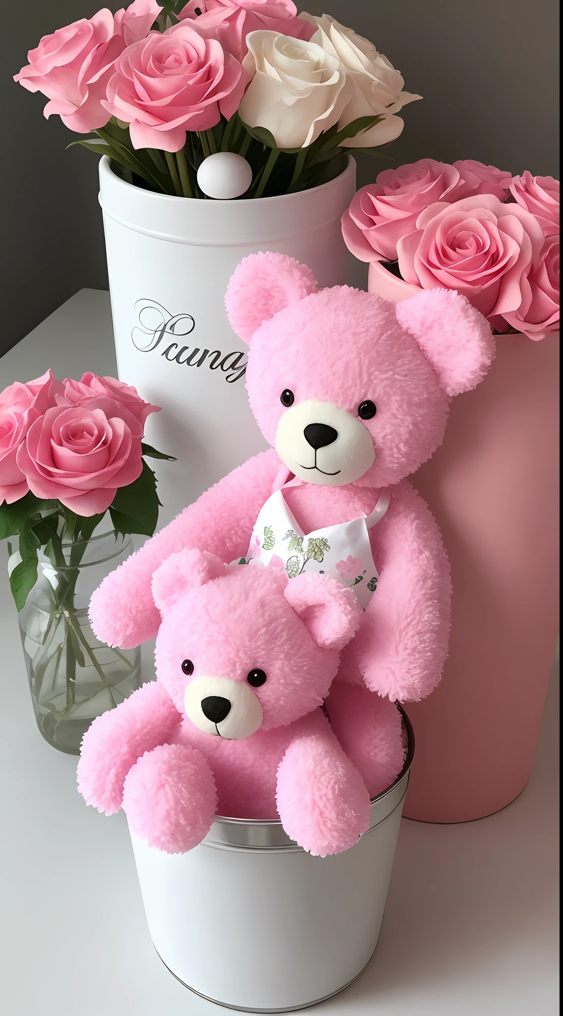 There is a pink teddy bear sitting on a silver container,with pink flowers on it, a picture by Elena Guro, Tumblr, fine art, 🎀 🧟 🍓 🧚, Pink flowers, (in pink), 🎀 🍓 🧚, 🎀 🗡 🍓 🧚, Incredibly cute, pink iconic character, pink rosa, inspo, With flowers, with soft pink colors, Lovely