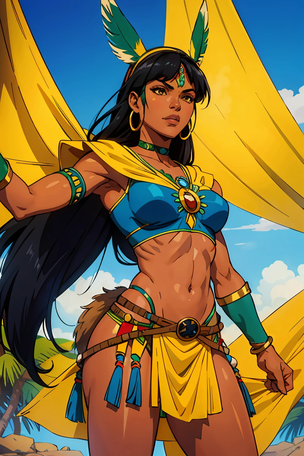 Native Brazilian Indigenous Woman Brazilian superhero Brazilian Indigenous clothing Green yellow and Blue clothes Flag of Brazil Long black hair with bang