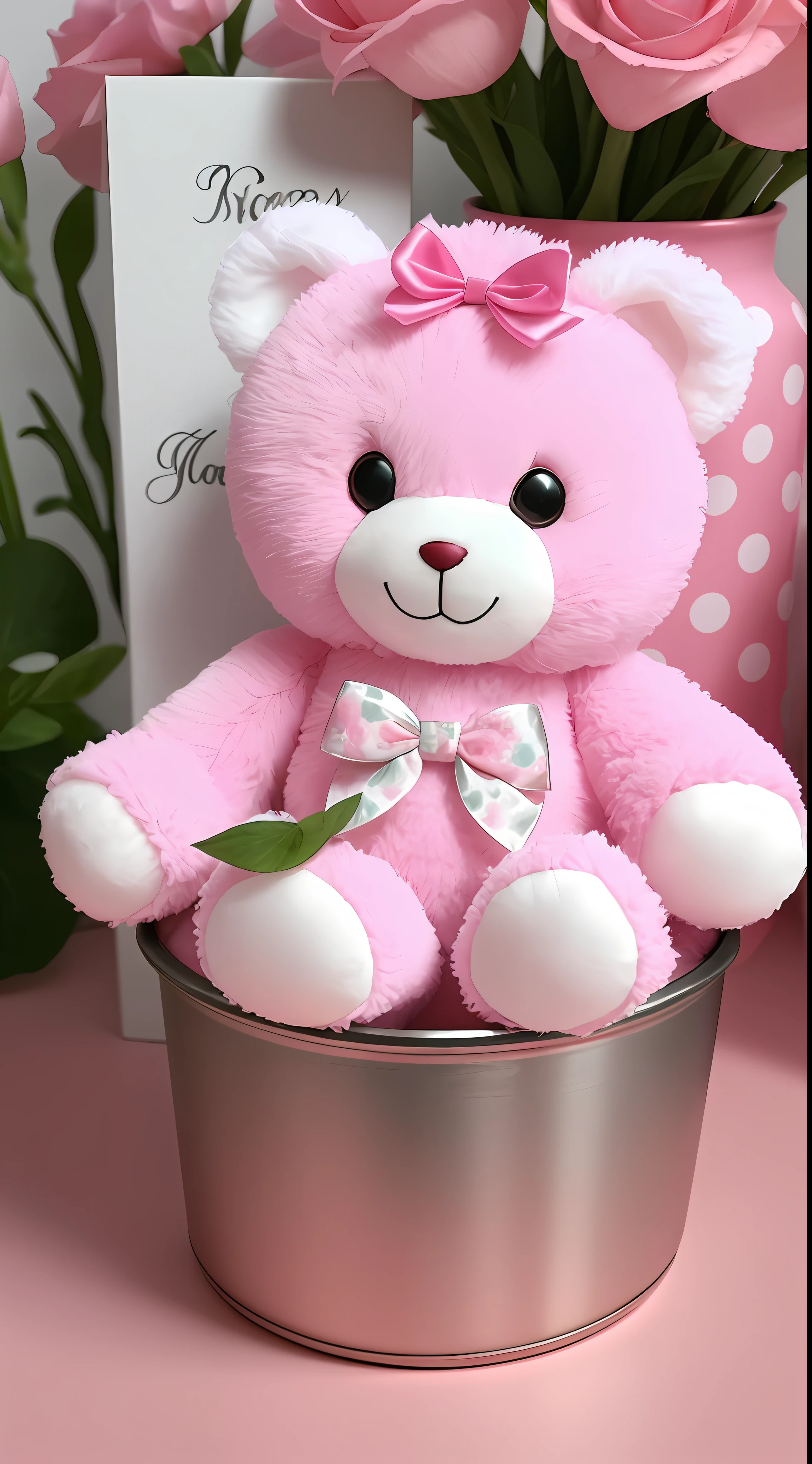 There is a pink teddy bear sitting on a silver container，with pink flowers on it, a picture by Elena Guro, Tumblr, fine art, 🎀 🧟 🍓 🧚, Pink flowers, (in pink), 🎀 🍓 🧚, 🎀 🗡 🍓 🧚, Incredibly cute, pink iconic character, pink rosa, inspo, With flowers, with soft pink colors, Lovely