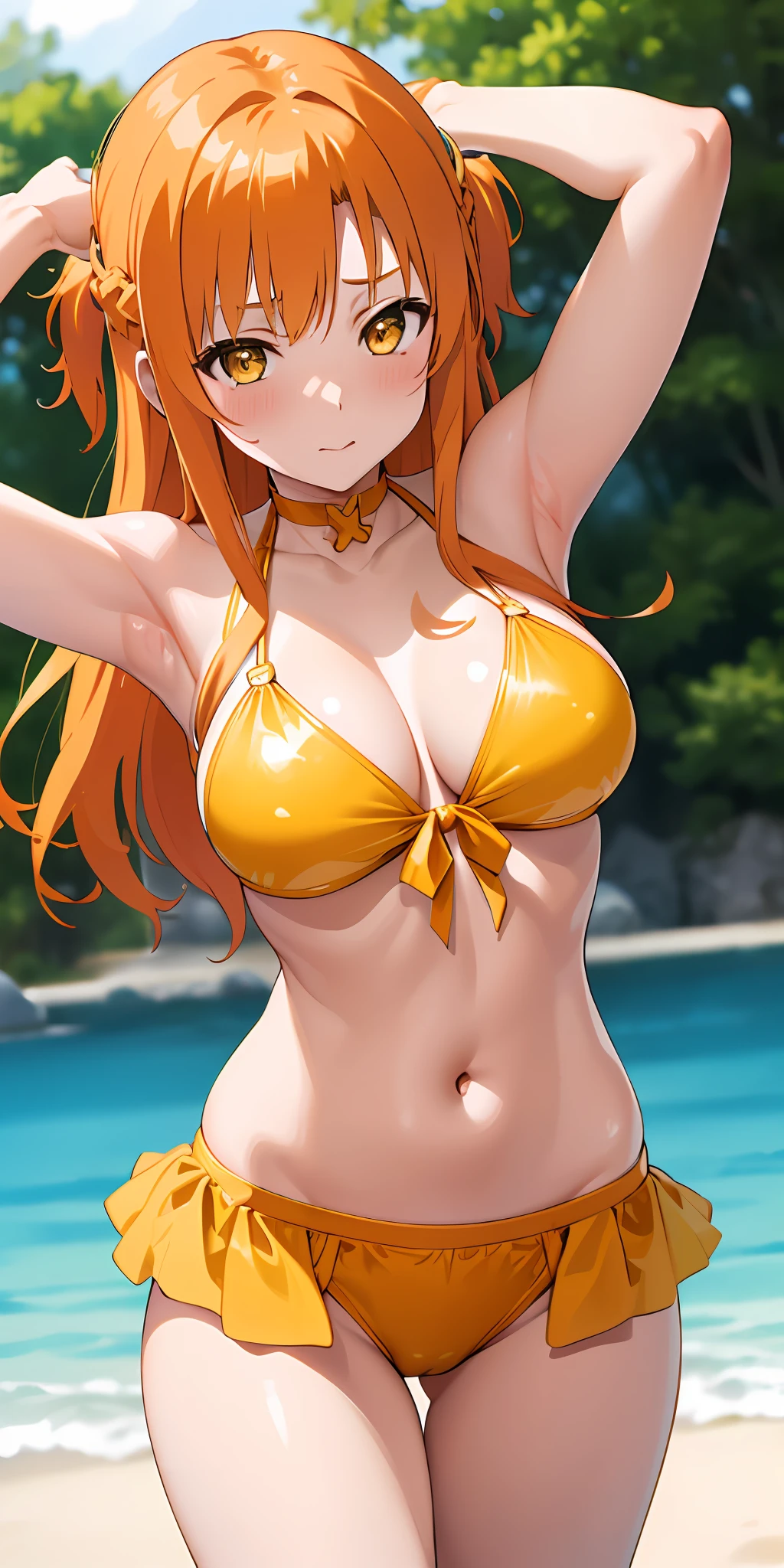 (Best quality:1.3), asuna yuuki, orange hair, busty, yellow glossy bikini, blushing:1.3, (pov, close shot), armpits