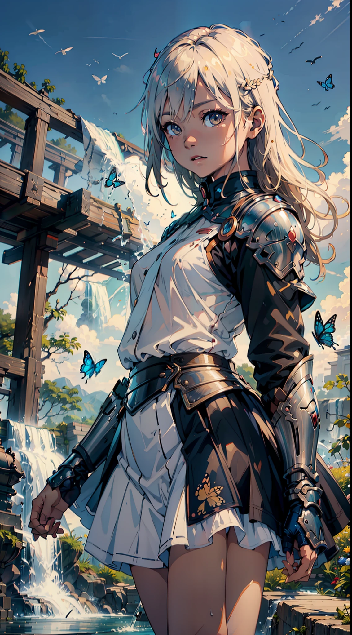 ((cinematic)), [masterpiece], potrait of fit blonde japanese girl, raising one hand, look at the sky, waterfall panorama with butterfly suround her, clear blue sky, twilight, sunset, ligh armor, katana, samurai, wet white cloth