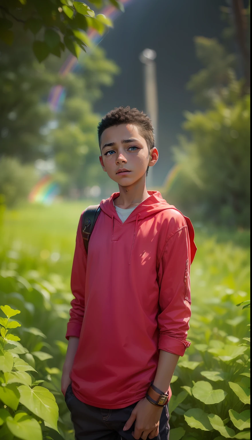 (((Rainbow Daytime Sky)), 10 years old boy, towards the future, masterpiece, highest quality, ((Photorealistic: 1.4)) Masterpiece, illustration, very delicate and beautiful, highly detailed CG, 8k wallpaper, amazing, fine detail, highly detailed CG Unity 8k wallpaper, huge file size, super detail, ultra high resolution, high resolution, very detail, (( Very detailed eyes and face)), beautiful detailed eyes, very detailed face, perfect lighting, face light, natural colors, ((10-year-old boy)), departure, (rough style with the whole body including both legs)), the future is bright, (((rainbow daytime sky)), lights from the front, glowing eyes,