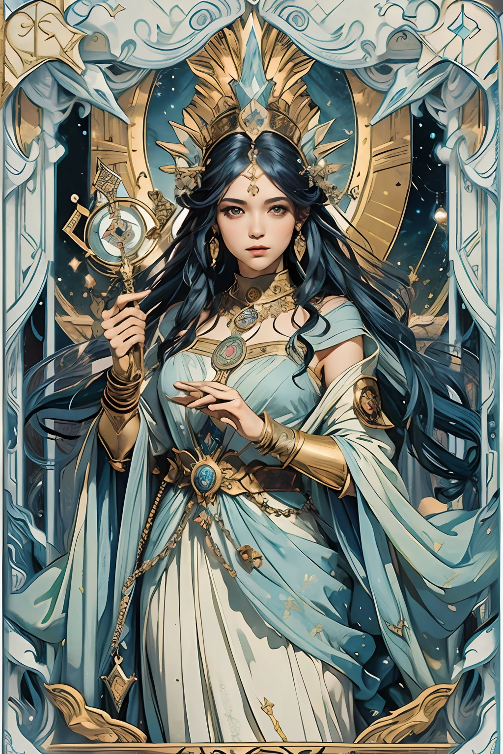 tarot cards，Full tarot border，（best images quality），（Extremely detailed description），1girll，Crown on head，Dressed in ancient fairy costumes，Scepter in hand，（full bodyesbian），（Very perfect body），（Very detailed and perfect facial depiction），Blue starry sky，（Very large moon close-up），As estrelas（glitters），garments（blingbling）， (The image is surrounded by a tarot card-style border:1.5)，（tmasterpiece），（Brilliant results），（8k wallpaper），mito，Fantasy theme，ultra-realistic realism，realisticlying