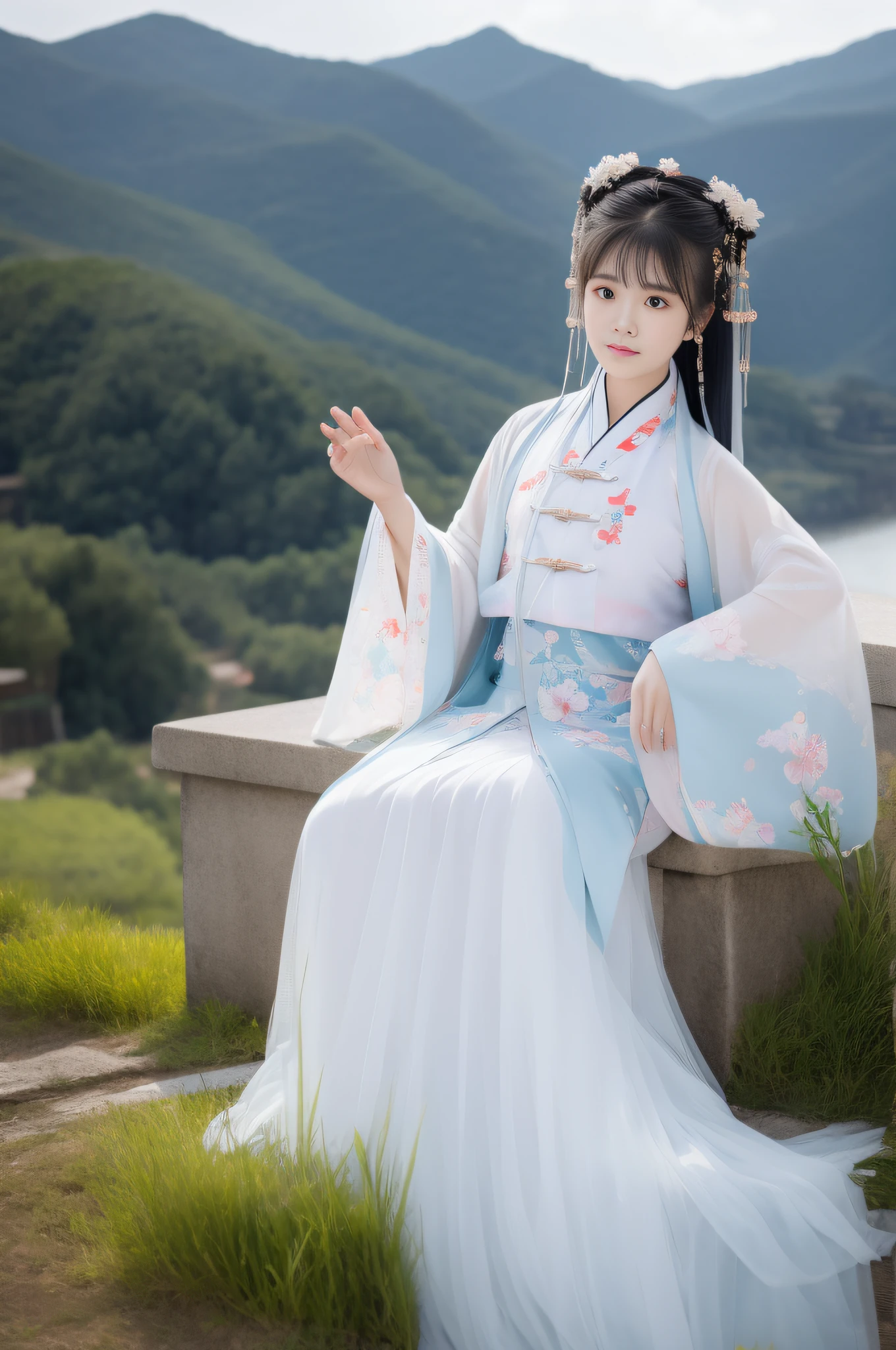 Changting Hanfu woman sits watching the flowing years, Lookout mountain shallow clouds