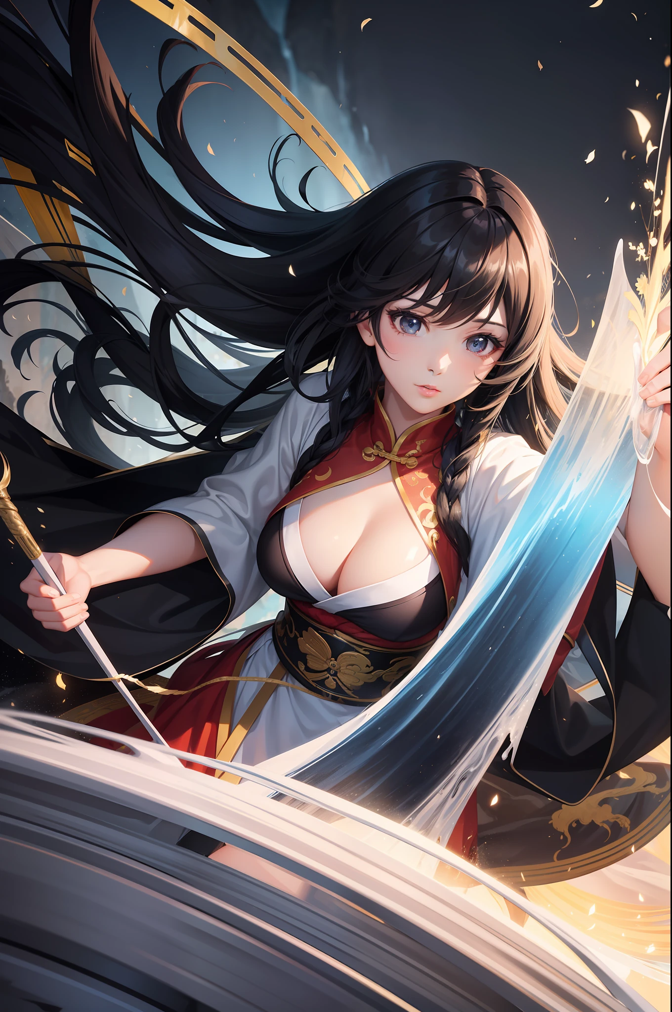 A girl with high-gloss skin and strong texture, close-up, black hair, fluffy hair, Hanfu, streamers, flowing ink, scattered energy, riding a Chinese dragon, background landscape waterfall, global illumination, rich details