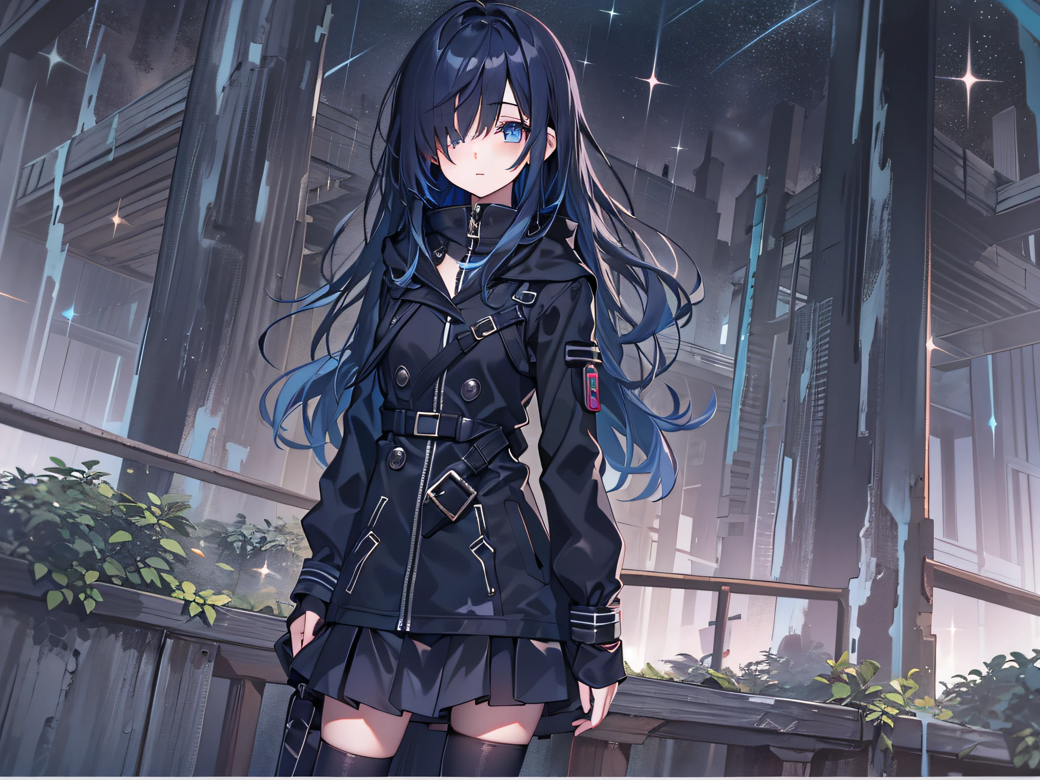 black pantyhoses，teens girl，Starry eyes，Black parka，starrysky，the night，Dark blue hair，side ponytails，Extremely long hair，black knee boots，Full body like，Hair covers one eye，asymmetricalbangs，Perfect female body，bit girl，Short stature，1girll