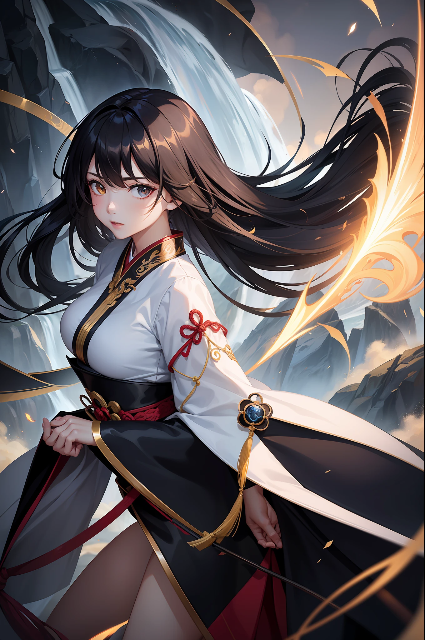 A girl with high-gloss skin and strong texture, close-up, black hair, fluffy hair, Hanfu, streamers, flowing ink, scattered energy, riding a Chinese dragon, background landscape waterfall, global illumination, rich details