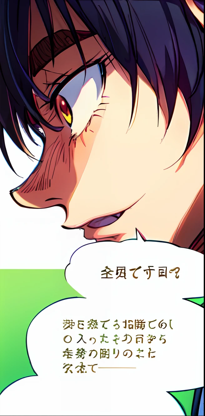a anime of a boys manga, close up, from side view, side view, half face, nyandere, text manga, color manga, manga color, color manga, color manga panel, simple background
