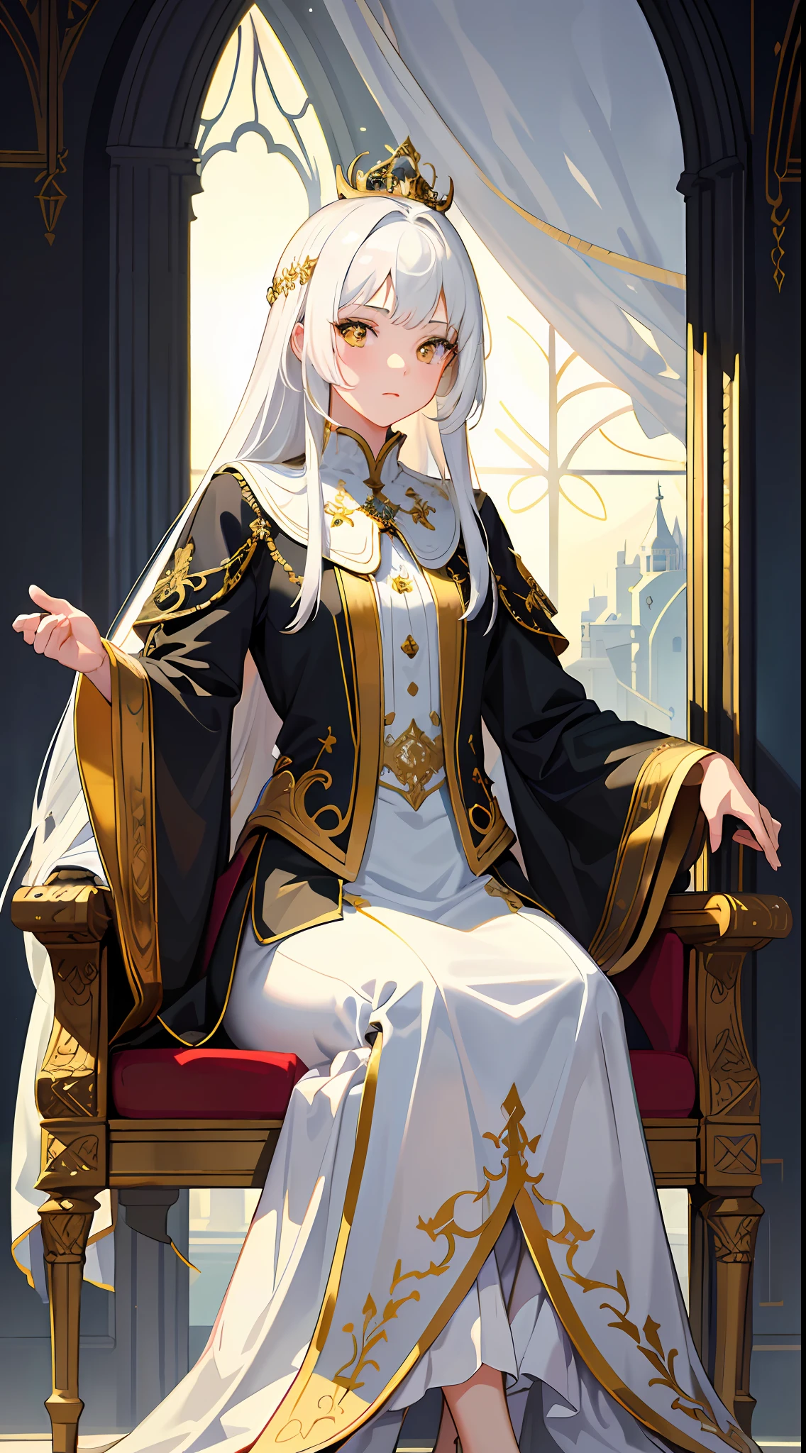 (Masterpiece:1.2), best quality, (illustration:1.2), (ultra-detailed), hyper details, (delicate detailed), (intricate details), (cinematic light, best quality Backlights), clear line, from below, soloist, perfect body, (1girl), white hair and yellow eyes, (emperor, black see-through clothes), (crown: 1.1), sitting on the throne, eyes slightly closed, head down, (shy: 1.2 ), (makeup), high contrast, (best illumination, an extremely create and beautiful), (cinematic light), colorful,