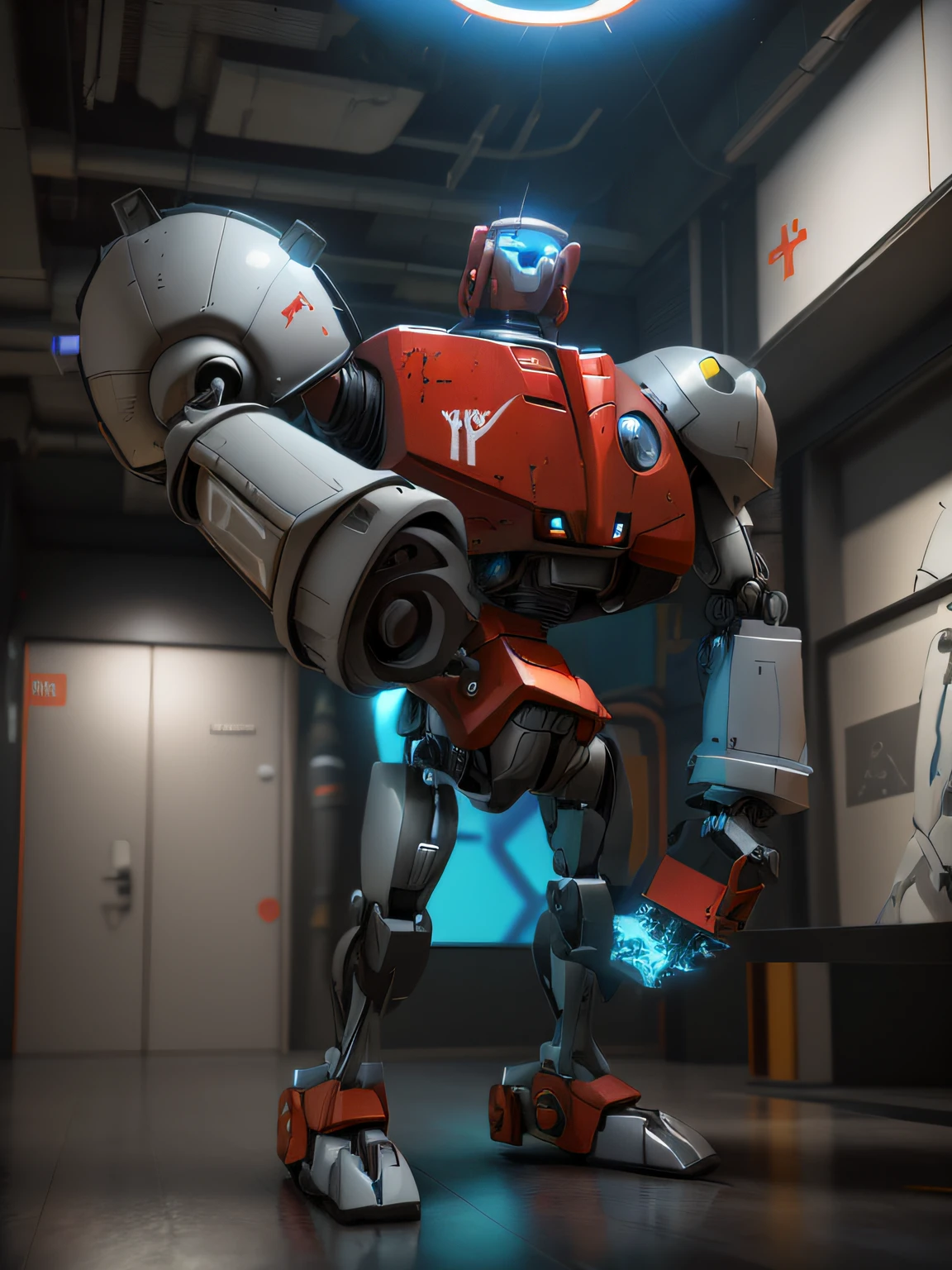 There was a robot standing，With the lights on, rendered in arnold engine, 3 d render stylized, mech body, stylized as a 3d render, pixar octane render, rendered in octane 3d, smooth 3d cg render, depicted as a 3 d render, rendered in arnold, stylized 3d render, tintoy characterdesign robot, mech robot，Dark_Fantasy,Cyberpunk,(chain saw,chain saw man,Red:1.1),1man,Mechanical marvel,Robotic presence,Cybernetic guardian,
