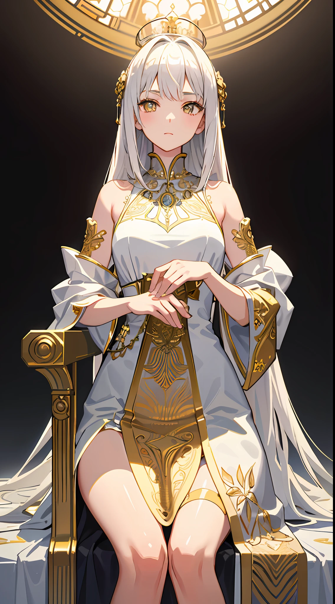 (Masterpiece:1.2), best quality, (illustration:1.2), (ultra-detailed), hyper details, (delicate detailed), (intricate details), (cinematic light, best quality Backlights), clear line, from below, soloist, perfect body, (1girl), white hair and yellow eyes, (emperor, black see-through clothes), (crown: 1.1), sitting on the throne, eyes slightly closed, head down, (shy: 1.2 ), (makeup), high contrast, (best illumination, an extremely create and beautiful), (cinematic light), colorful,