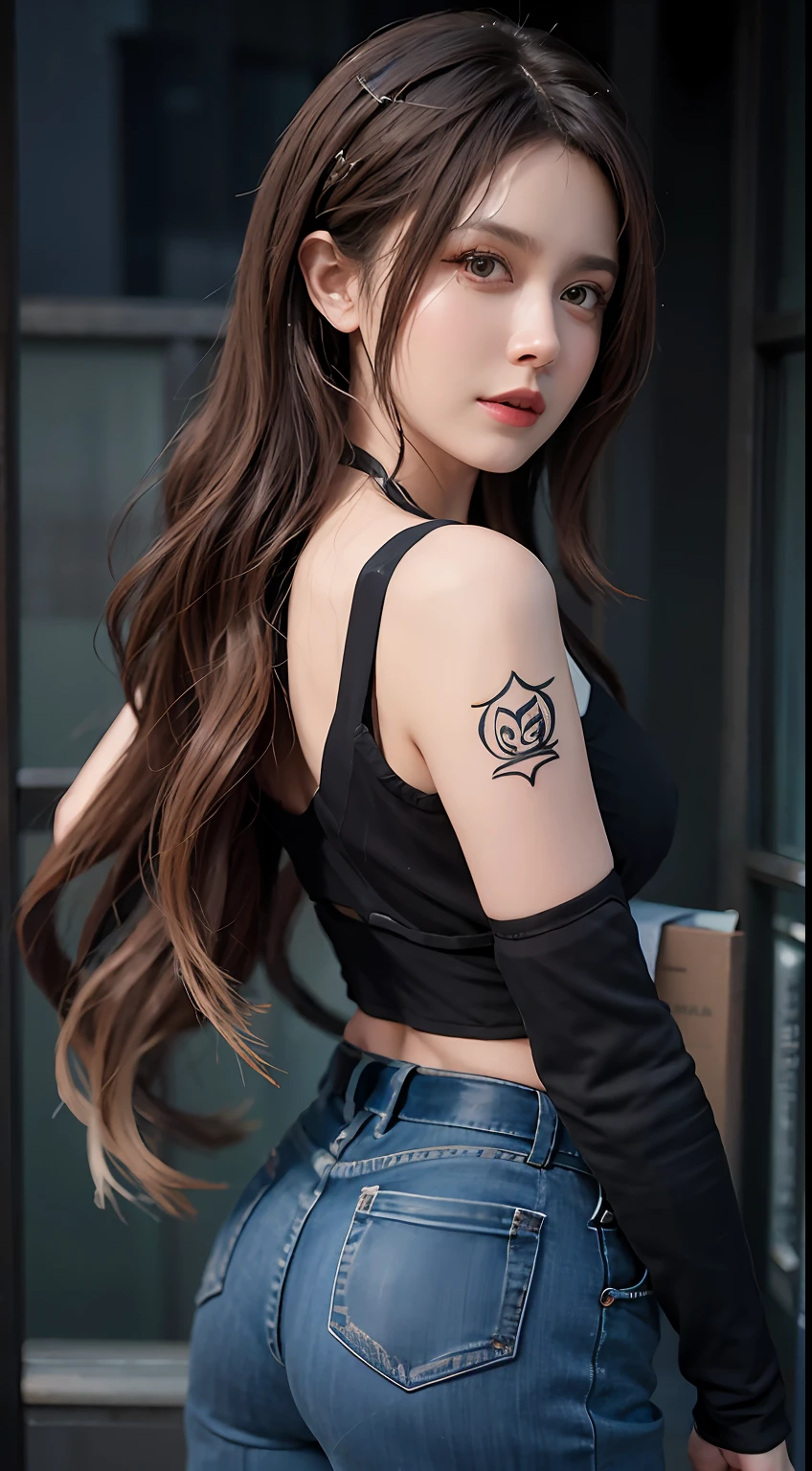 Beautiful urban university student, obra-prima, maquiagem leve, red-lips, cabelo prateado, messy long hair, fundo de rua, bonito, elegante. Detalhes ultrafinos, obras mestres, textura real, Cinematic lighting realism, trabalho perfeito, 8k, HD, exquisite facial features, tampo branco apertado de corte aberto, shorts brancos transparentes apertados, figura fina, olhos grandes brilhantes, pele lisa, brincos, colar, tatuagens, back view, looking at viewer