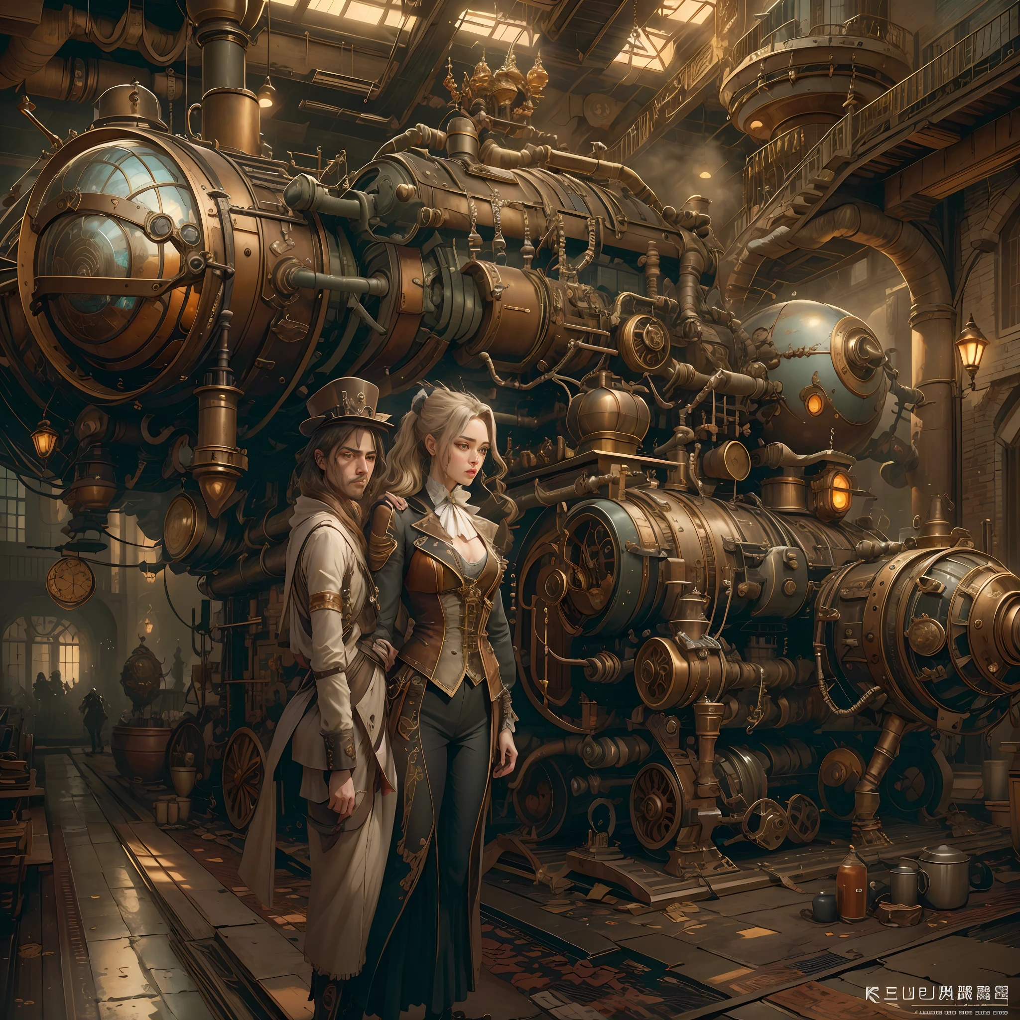 best qualtiy，tmasterpiece，超高分辨率，（realisticlying：1.4），absurderes，（1 couple standing in the manor，（Eye focus），sface focus, Clear facial features），（koh_amberheard：0.8），1 best long shot photo of Mechanical Airship Manor，Fantasy sci-fi vehicles，hyper realisitc，steampunc，Complex design，insanely details，finely detailled，Steampunk AI，