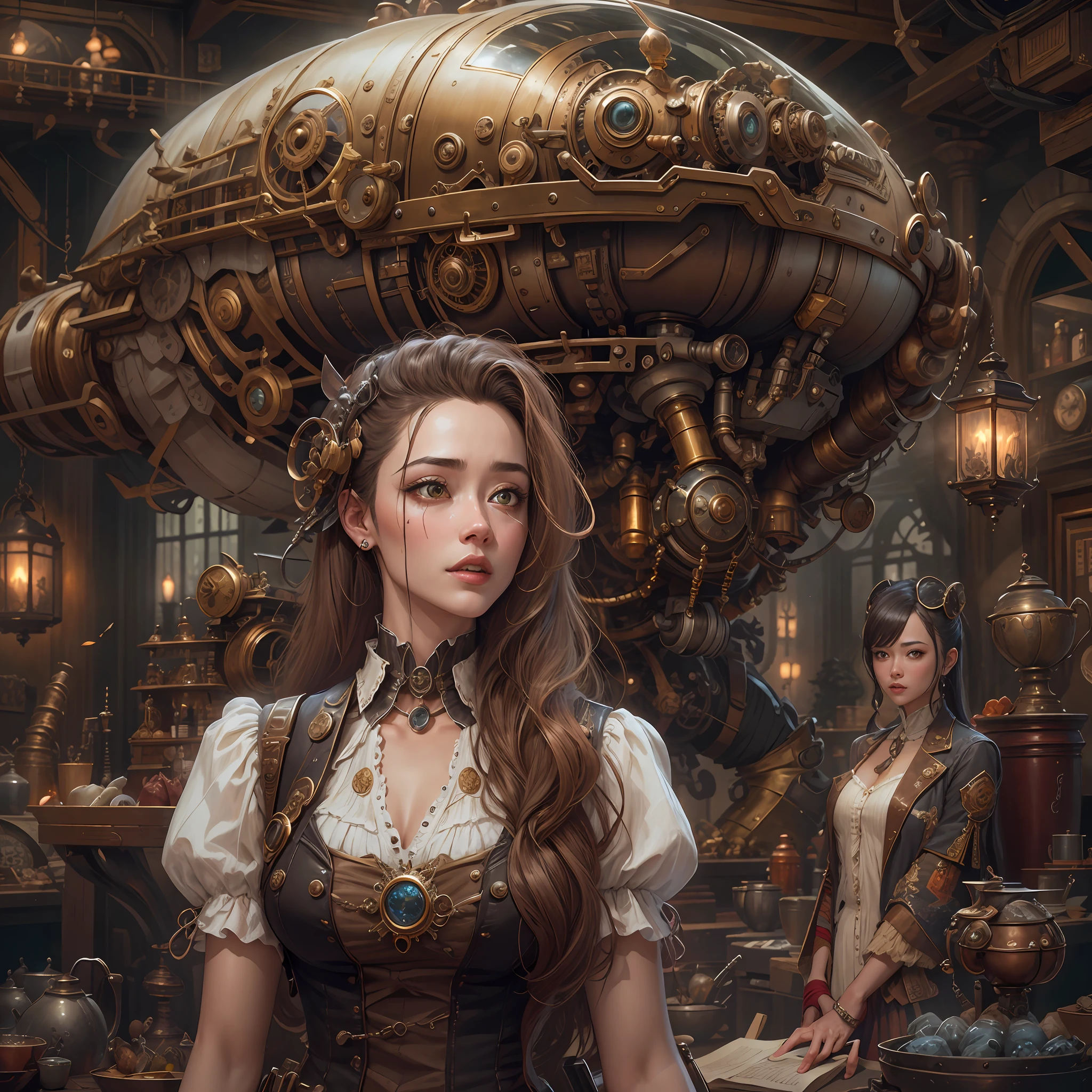 best qualtiy，tmasterpiece，超高分辨率，（realisticlying：1.4），absurderes，（1 couple standing in the manor，（Eye focus），sface focus, Clear facial features），（koh_amberheard：0.8），1 best long shot photo of Mechanical Airship Manor，Fantasy sci-fi vehicles，hyper realisitc，steampunc，Complex design，insanely details，finely detailled，Steampunk AI，