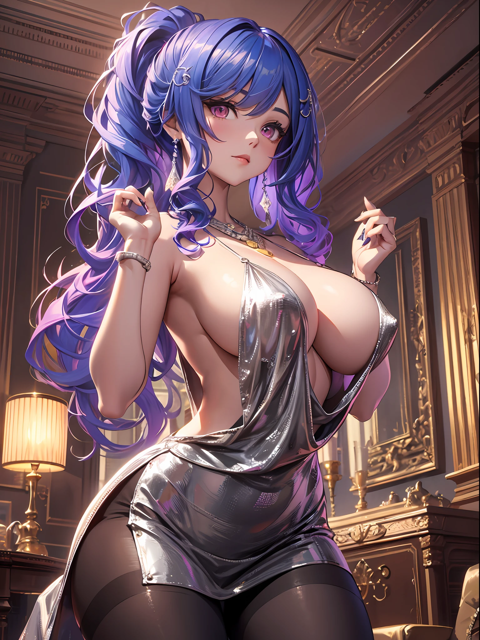 1个Giant Breast Girl!Ray traching,Best shadow,A high resolution(dim murky lights)detailedbackground(liveroom)Fluffy silver hair,plump and slender girl,With a high ponytail, Avoid golden eyes in the ominous living room(Girl wears white shirt,Black wrinkled skirt,Wear yours with black sheer pantyhose)It shows a delicate and slender figure and beautiful curves,Limbs with correct and reasonable position!hand behind head,The fingers are slender and slender!Stand dignified,detail in face!Delicate facial features!Pay attention to the details of the position of the legs!Pay attention to hand details!high high quality!More eligible!Reduce errors!Painting is more elaborate,Ultra-detailed CG,The picture is more reasonable!Pay attention to finger details!8k wallpaper,tmasterpiece,Double pupil details!Reduce eye size differences!Limit the number of fingers!,H cup big breasts,Blush,