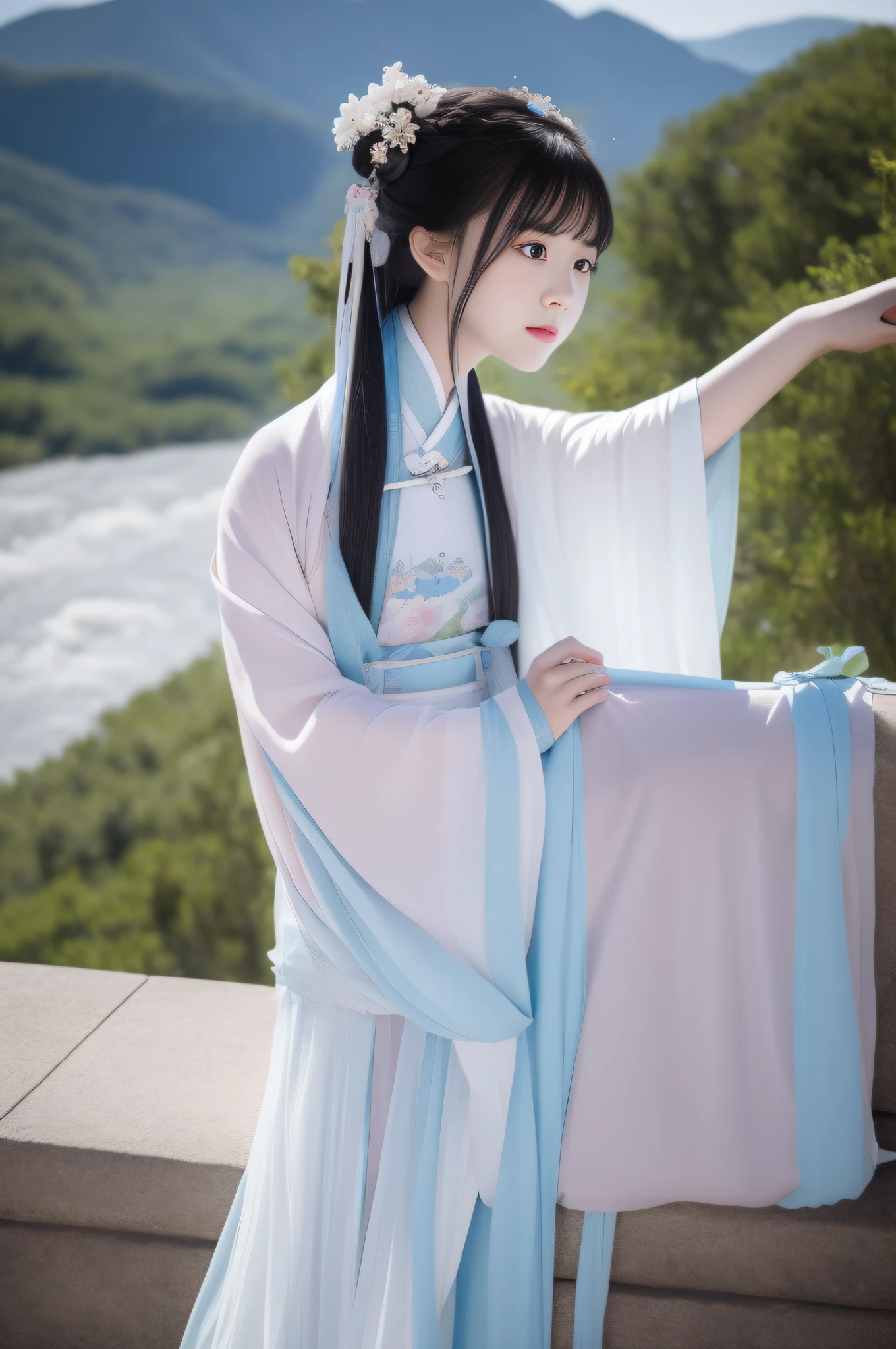 Changting Hanfu woman sits watching the flowing years, Lookout mountain shallow clouds