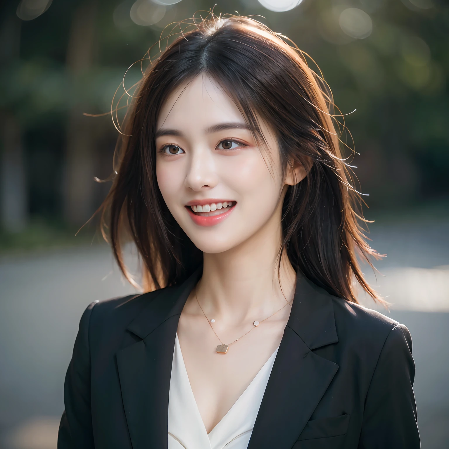 Dressed, (photographrealistic:1.4), (Hyper realistic:1.4), (Realistic:1.3), (Smoother lighting:1.05), (increase cinematic lighting quality:0.9), 32K, 1girl in,25-years old, Realistic lighting, Backlighting, Light on Face, raytrace, (Brightening light:1.2), (Increase quality:1.4), (Top quality real texture skins:1.4), finely detailed eyes, finerly detailed face, (tired and sleepy and joy:0), (Laugh:1.4), Black Suit,a necklace, (Increase body line mood:1.1), (Increase the beauty of skin texture:1.1)