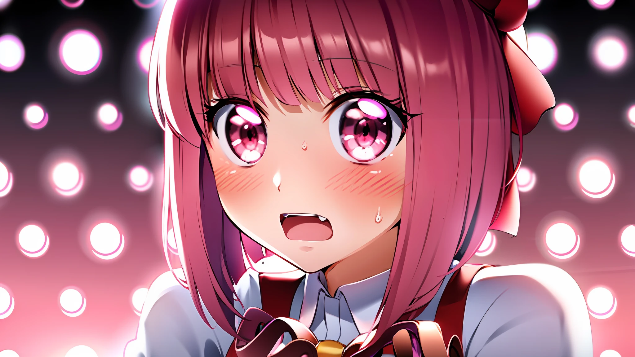 Anime girl with pink hair with red eyes and bow tie, closeup Iwakura Lain, close up of iwakura lain, Anime visuals of cute girls, 2 0 1 9 anime screenshot, iwakura lain, Still from TV anime, close up of a young anime girl, still from anime, Anime girl named Lucy, anime moe art style
