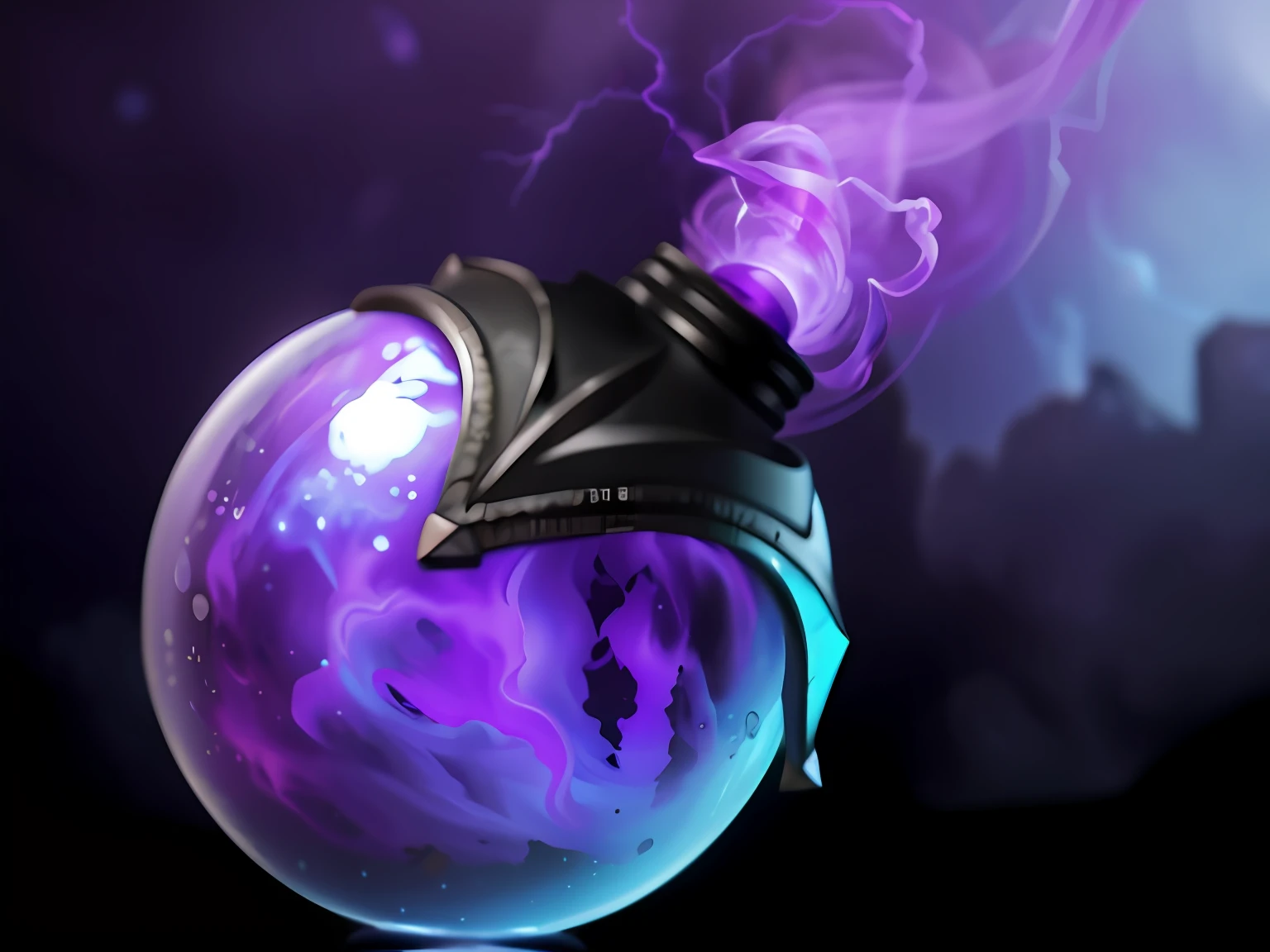 Purple and black spheres,There is a purple mist inside the glass bottle,There was a purple mist at the mouth of the bottle, arcane style bomb, Explosive lightning spell, painting of one health potion, lightning mage spell icon, artifact dota2, arcane league of legends, Arcane : League of Legends, casting a spell on a potion