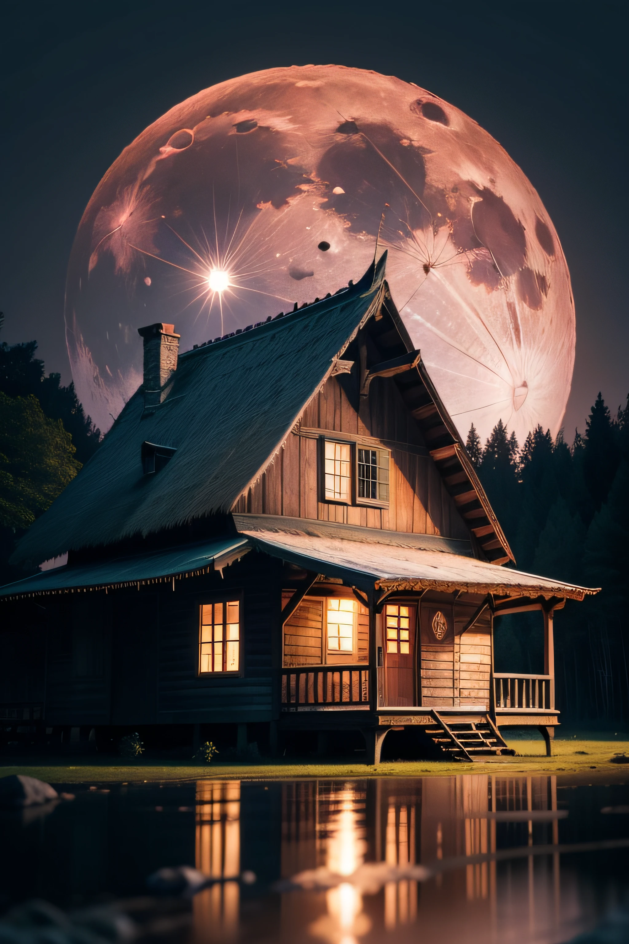 A super moon setting behind an old wooden house in the middle of a forest. Imagem noturna, realista e detalhada