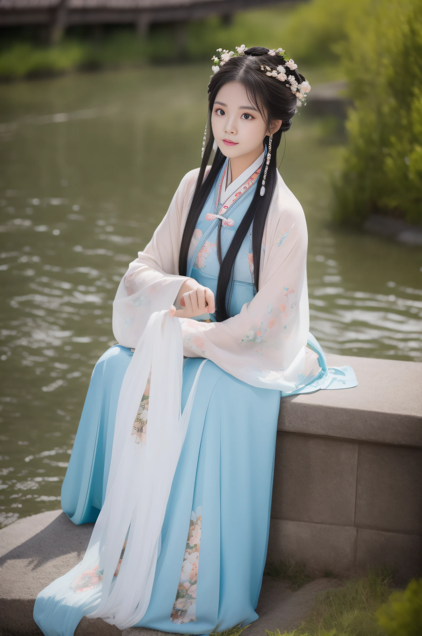 Changting Hanfu woman sits watching the flowing years, Lookout mountain shallow clouds