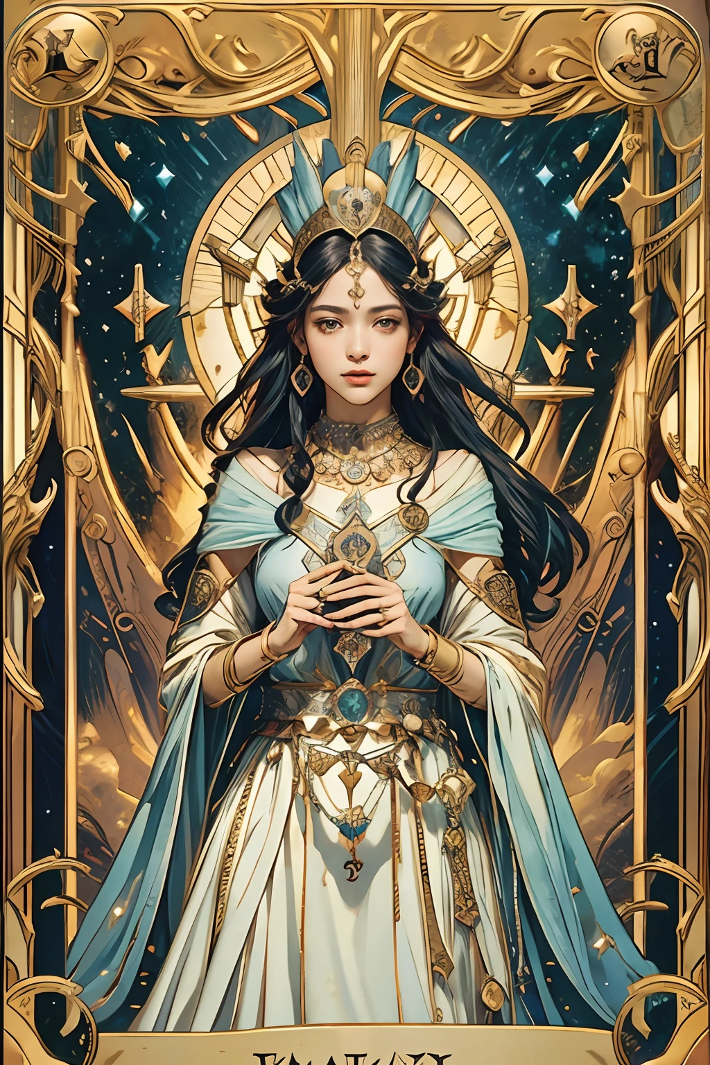 tarot cards,Full tarot border,(best images quality),(Extremely detailed description),1girll,Crown on head,Dressed in ancient fairy costumes,Scepter in hand,(full bodyesbian),(Very perfect body),(Very detailed and perfect facial depiction),Blue starry sky,(Very large moon close-up),As estrelas(glitters),garments(blingbling), (The image is surrounded by a tarot card-style border:1.5),(tmasterpiece),(Brilliant results),(8k wallpaper),mito,Fantasy theme,ultra-realistic realism,realisticlying