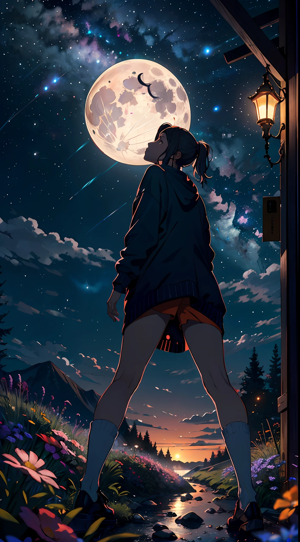 Expansive landscape photograph, (view from below with a view of the sky and the wilderness below), standing in a flower field looking up, (full moon: 1.2), (shooting star: 0.9), (nebula: 1.3), distant mountain, tree break production art, (warm light source: 1.2), (firefly: 1.2), lamp, purple and orange, intricate detail, volume lighting BREAK (masterpiece: 1.2), (highest quality ), 4k, ultra-detailed, (dynamic configuration: 1.4), highly detailed and colorful details (iridescent: 1.2), (sparkling lighting, atmospheric lighting), dreamy, magical, (solo: 1.2)