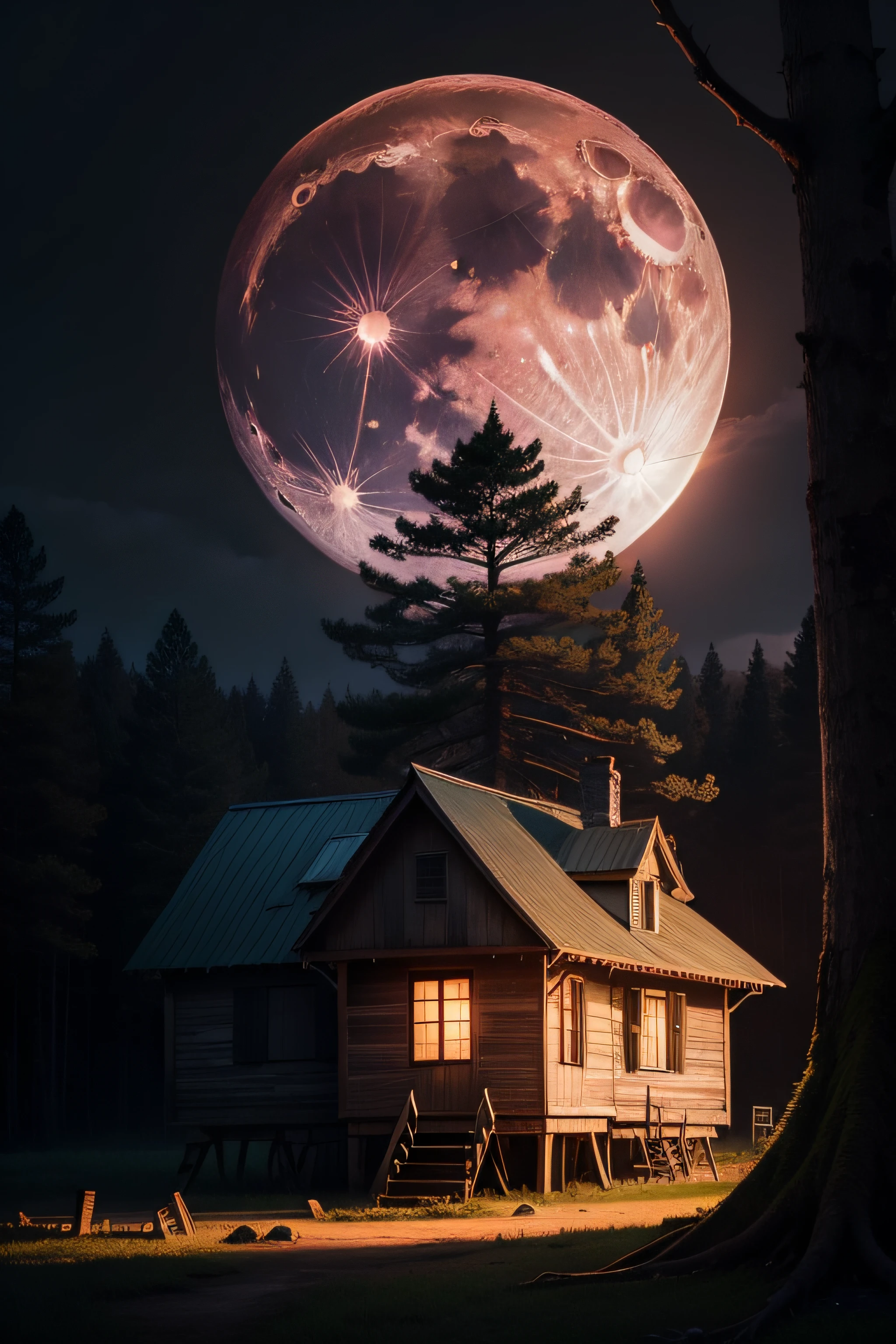 A super moon setting behind an old wooden house in the middle of a forest. Imagem noturna, realista e detalhada