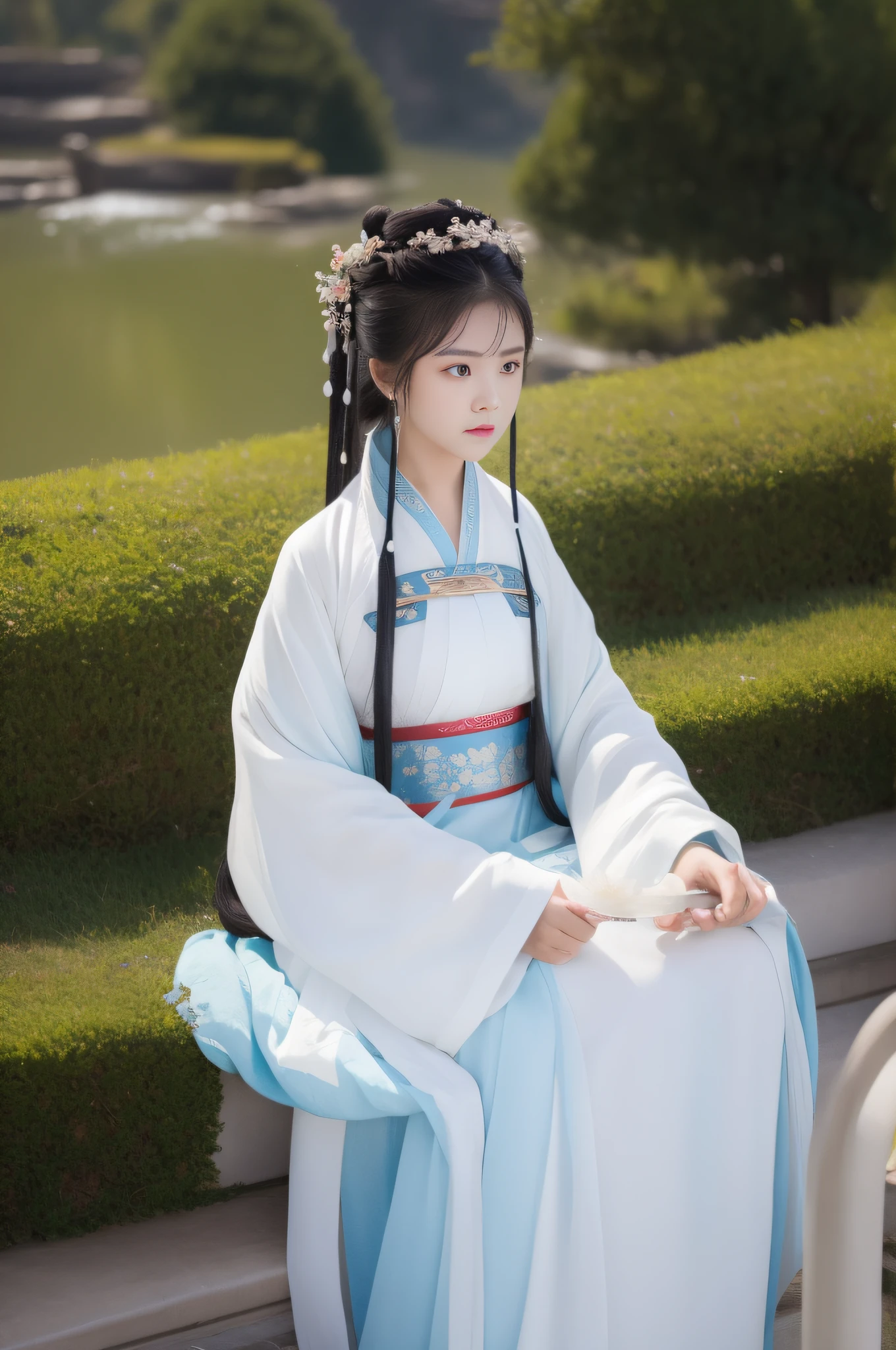 Changting Hanfu woman sits watching the flowing years, Lookout mountain shallow clouds