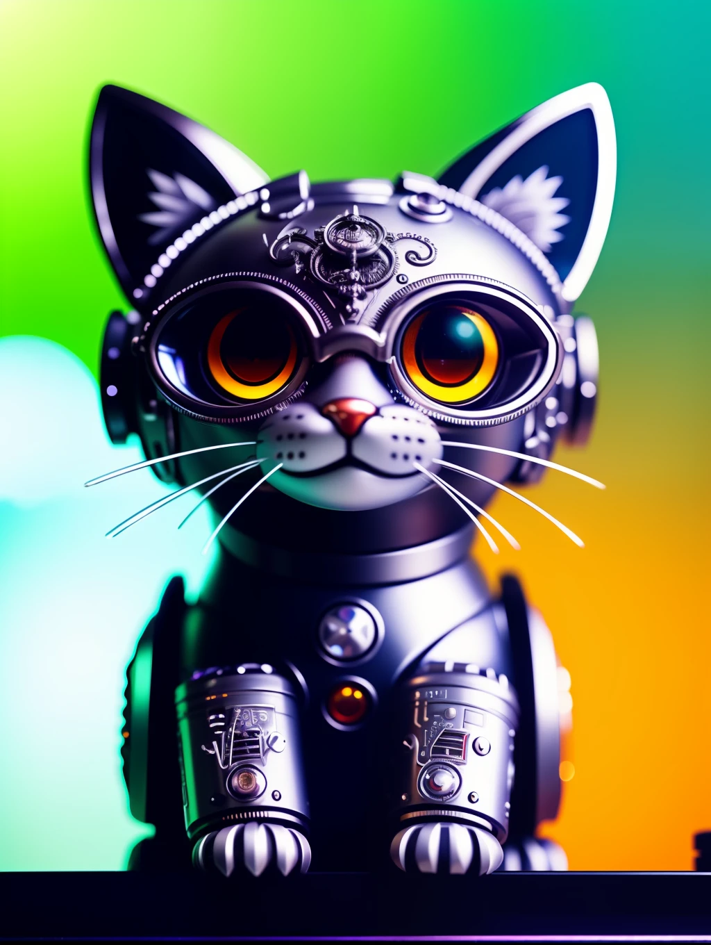 Cute furry kitten made of metal, robot, cyberpunk style, clockwork device, ((intricate detail)), HDR, big eyes, ((intricate detail, super detail)), vacuum tube or vacuum tube, movie shot, vignette, bokeh effect background