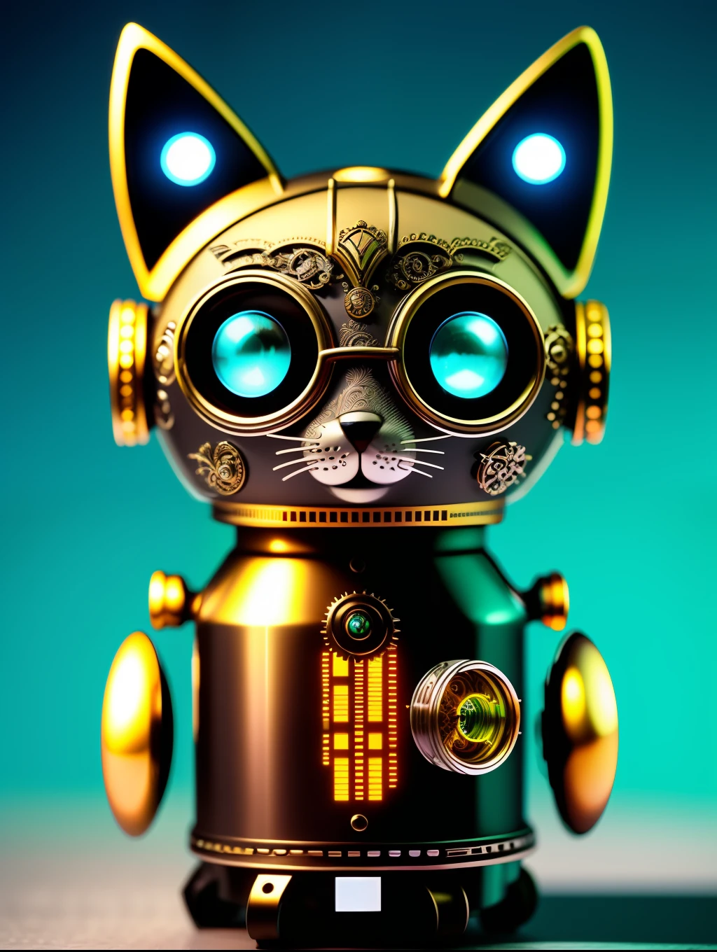 Cute furry kitten made of metal, robot, cyberpunk style, clockwork device, ((intricate detail)), HDR, big eyes, ((intricate detail, super detail)), vacuum tube or vacuum tube, movie shot, vignette, bokeh effect background