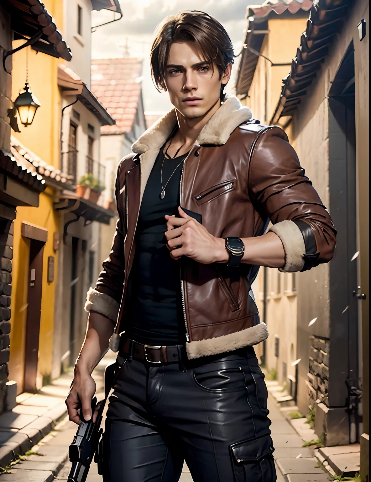 1 man, young man, 27 year old, Leon S. Kennedy from Resident evil 4, face of Eudard Badaluta, solo, white skin, muscular, lean muscle man, tall, hunk, wide shoulder, clean-shaven, dark brown hair, curtain hairstyle, dark brown cold long sleeve leather jacket with white fur on the neck, black color T shirt inside, black pant, holding a pistol on right hand, viewer looking, high resolution:1.2, best quality, upper body shot, flat style, cloudy sky and old Spanish village background, nightime, low camera angle, volumetric lighting, depth of field, shadow