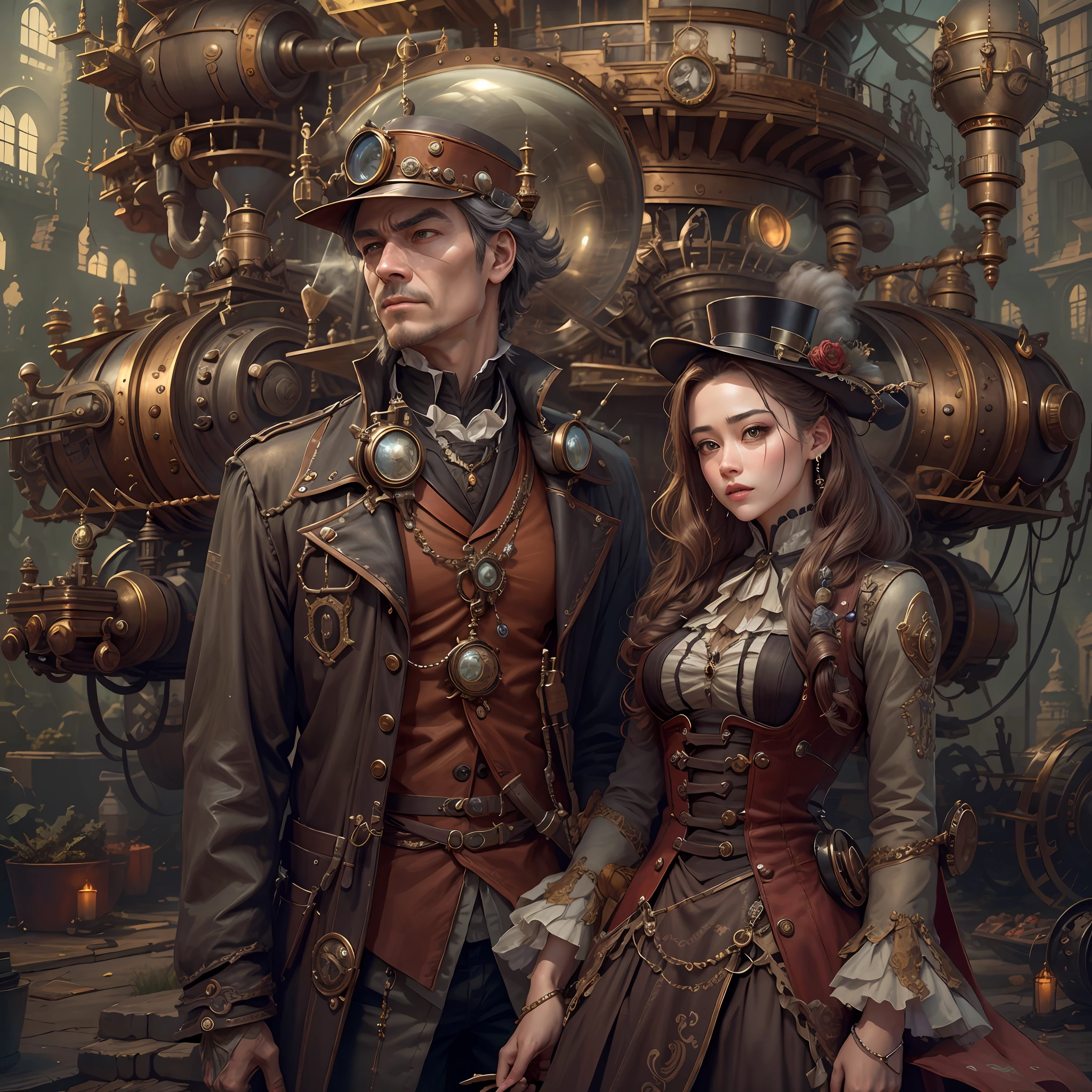 best qualtiy，tmasterpiece，超高分辨率，（realisticlying：1.4），absurderes，（1 couple standing in the manor，（Eye focus），sface focus, Clear facial features），（koh_amberheard：0.8），1 best long shot photo of Mechanical Airship Manor，Fantasy sci-fi vehicles，hyper realisitc，steampunc，Complex design，insanely details，finely detailled，Steampunk AI，