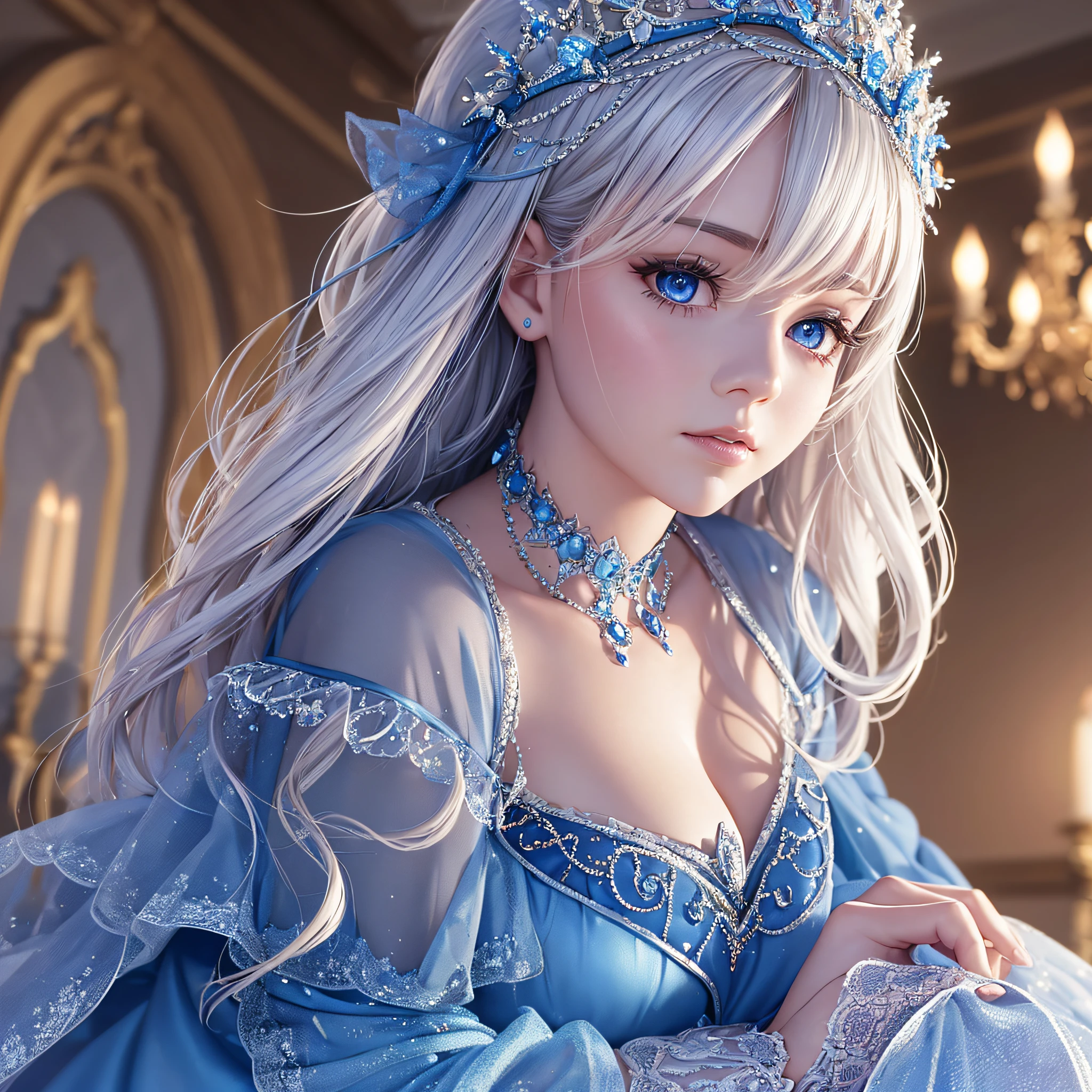 the cinderella doll is dressed in a blue gown in front of chandeliers, in the style of rendered in cinema4d, realistic portraiture, uhd image, light crimson and white, wavy, close-up intensity --auto --s2