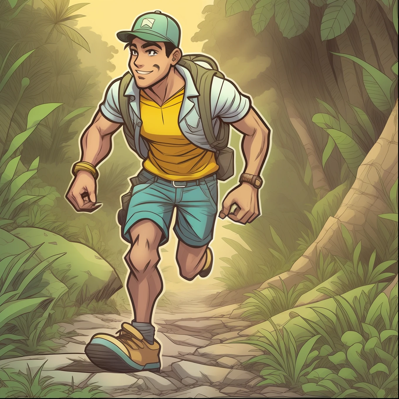[homem jovem], [corpo inteiro], [loiro], estilo cartoon, estilo comic, contorno de linhas pretas 0.6, caminhando na trilha de uma montanha, um rio ao lado, detalhes intrincados, highes definition