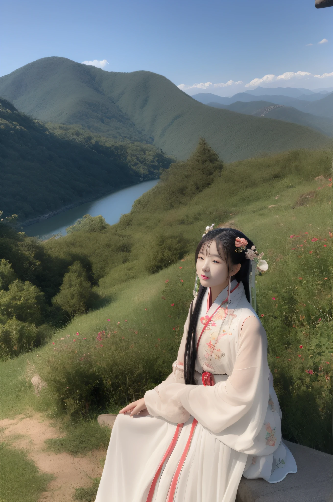 Changting Hanfu woman sat and watched the flowing years, Lookout mountain shallow clouds